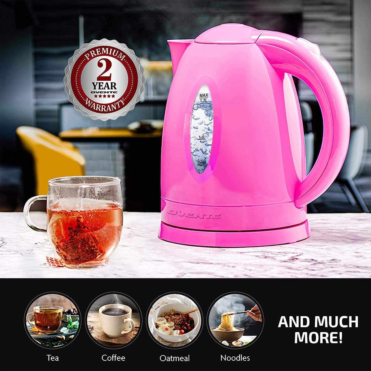 OVENTE Electric Kettle Hot Water Heater 1.7 Liter - BPA Free Fast Boiling Cordless Water Warmer - Auto Shut Off Instant Water Boiler for Coffee & Tea Pot - White KP72W
