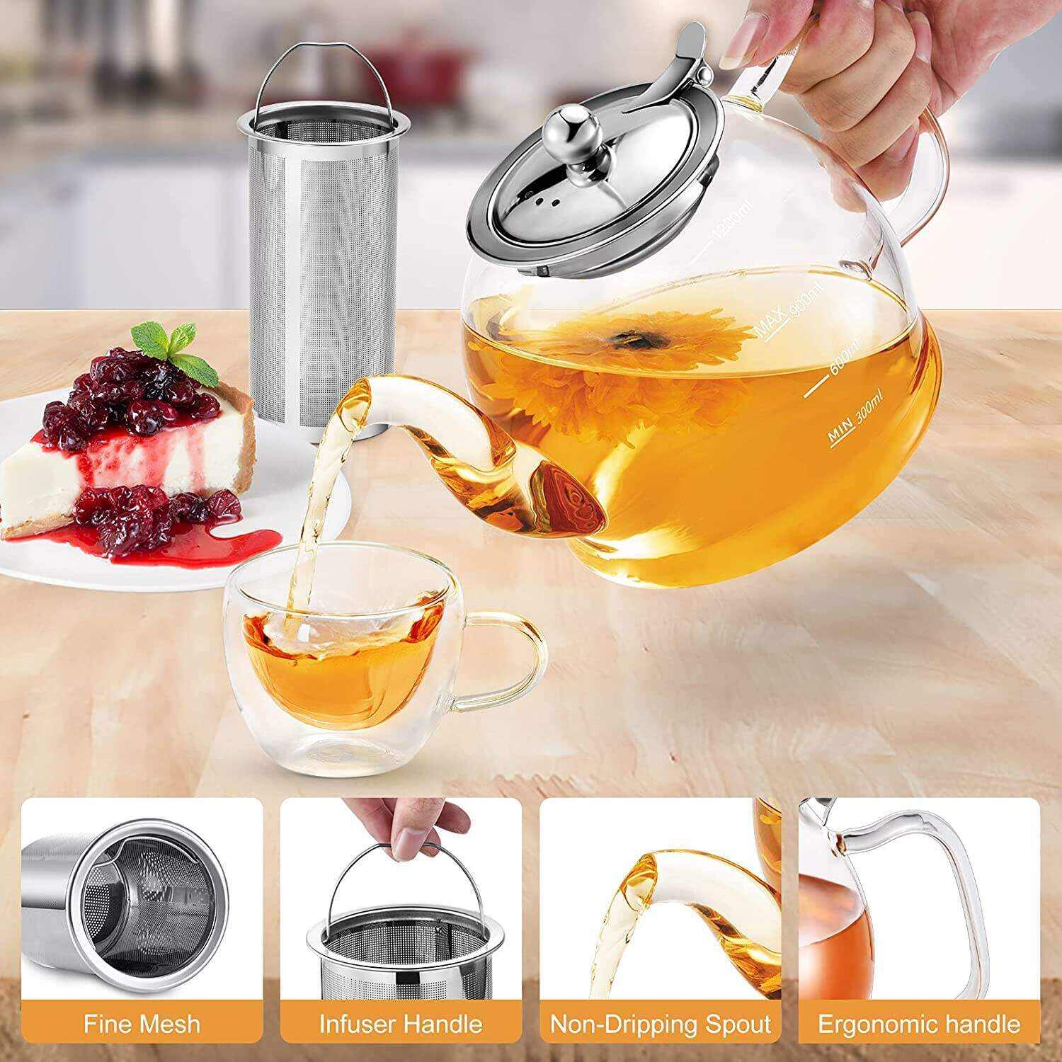 MINO ANT Tea Set ̈C 1200ml Glass Teapot with Removable Stainless Steel Infuser, and 4 Glass Teacups, Stovetop Safe Tea Kettle Gift Set, Blooming and Loose Leaf Tea Maker Set