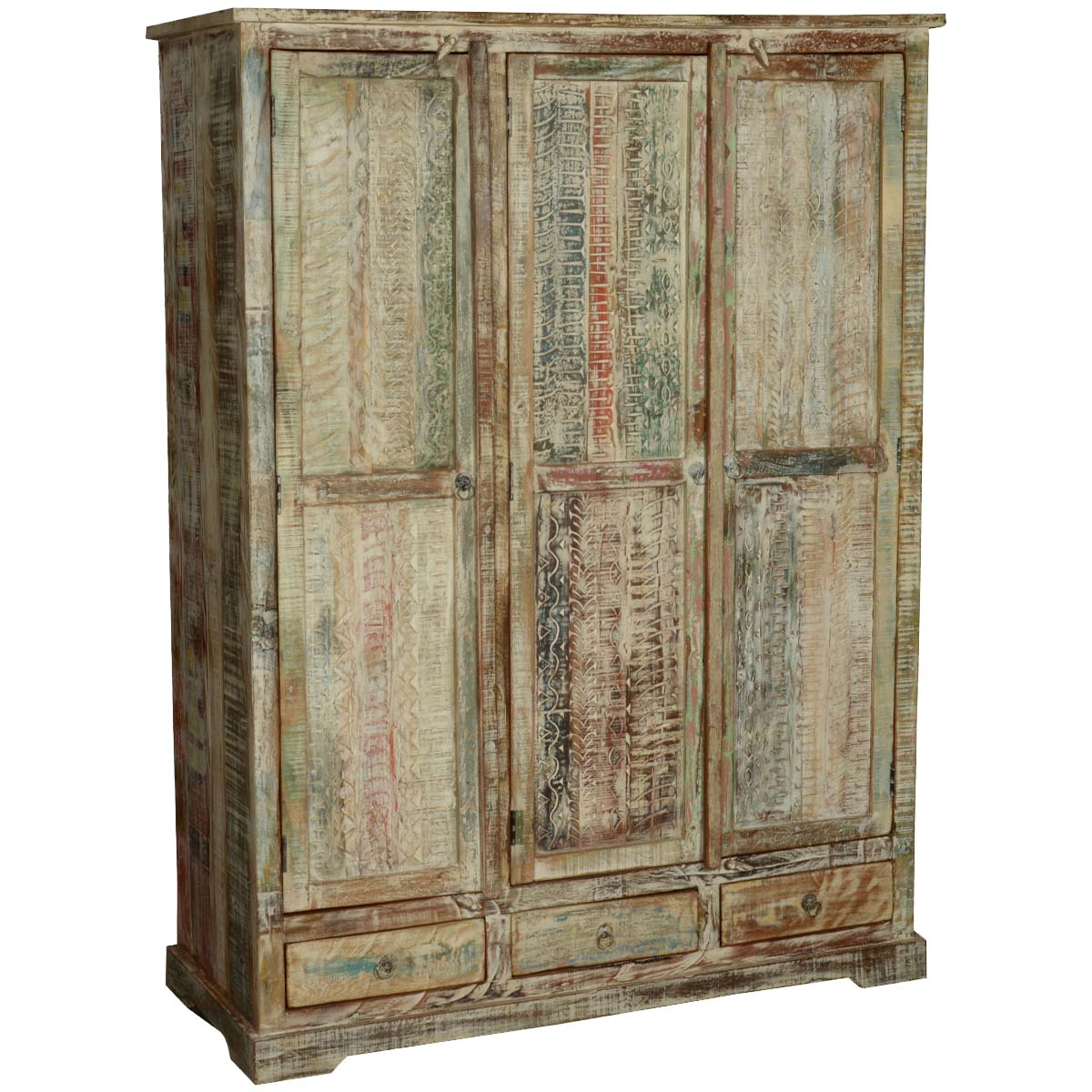 White Distressed Washed Solid Wood Large Wardrobe Armoire w Drawer