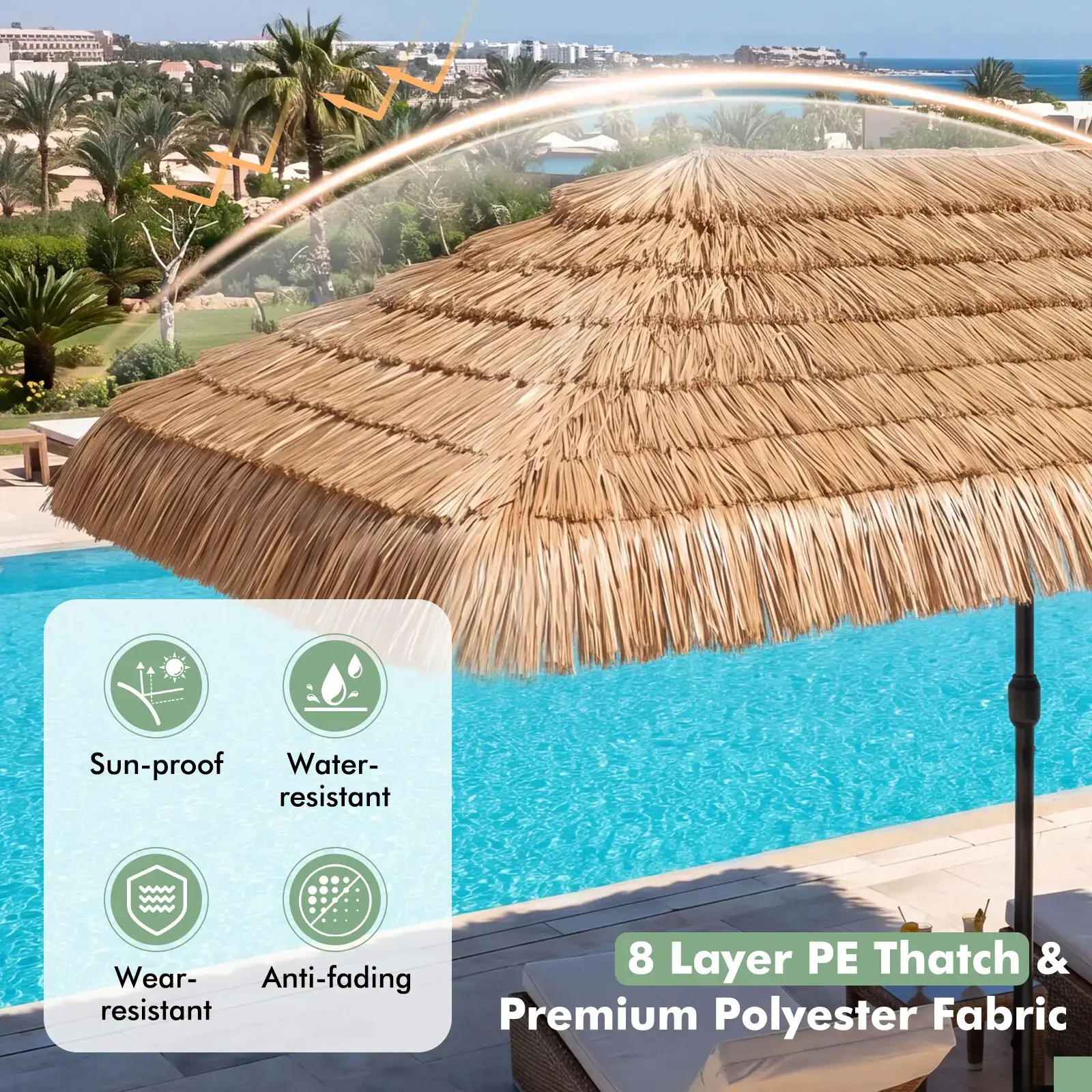 15 FT Solar Tiki Patio Umbrella with Base Included, Double-sided Hawaiian Style Thatched Market Table Umbrella with144 Multi-colored Flowing LED Lights, 12 Modes, Crank Handle, 12 Ribs, PE Grass Outdoor Umbrell for Pool Deck Garden Backyard