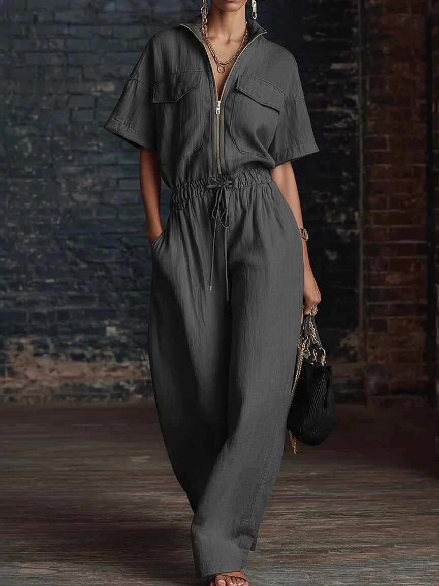 Stand Collar Sleeveless Casual Loose Cotton And Linen Jumpsuit