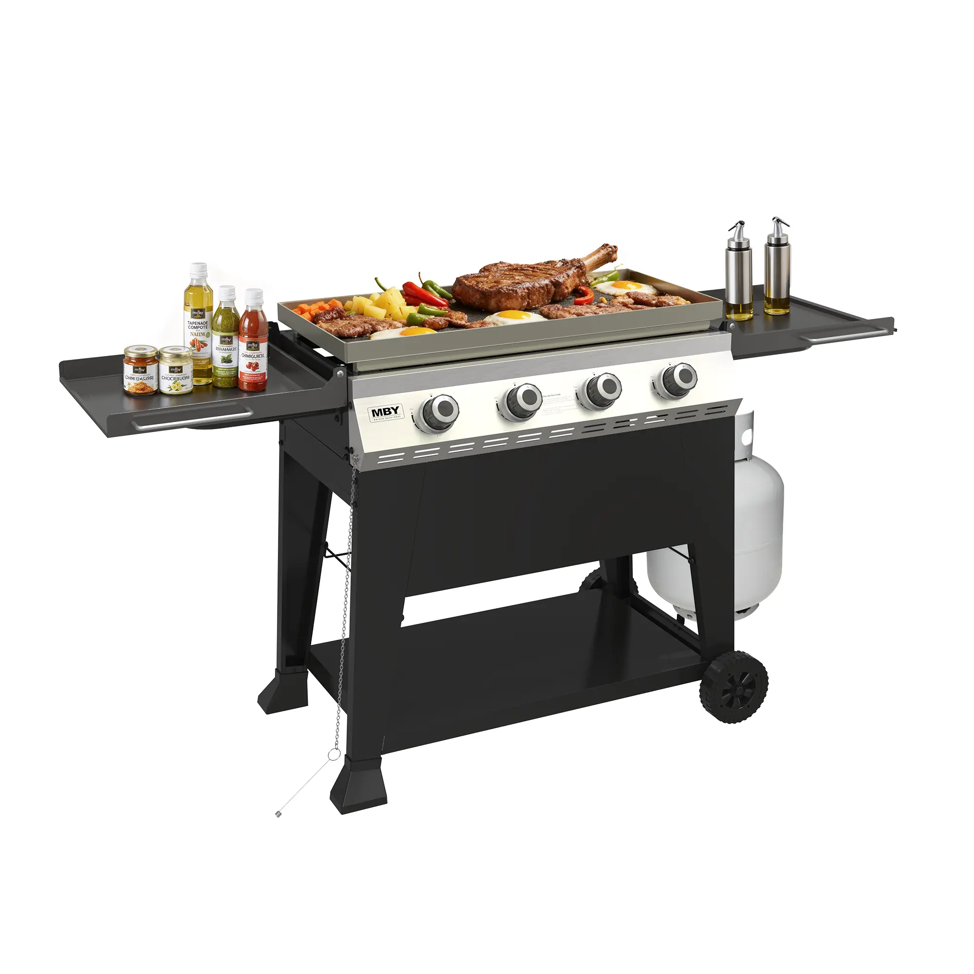 Foldable Outdoor Flat Top Gas Griddle - 50,000 BTU, 540 Sq In Cooking Area, Rolling Wheels, Folding Side Shelves for Camping, Backyard BBQ, Black