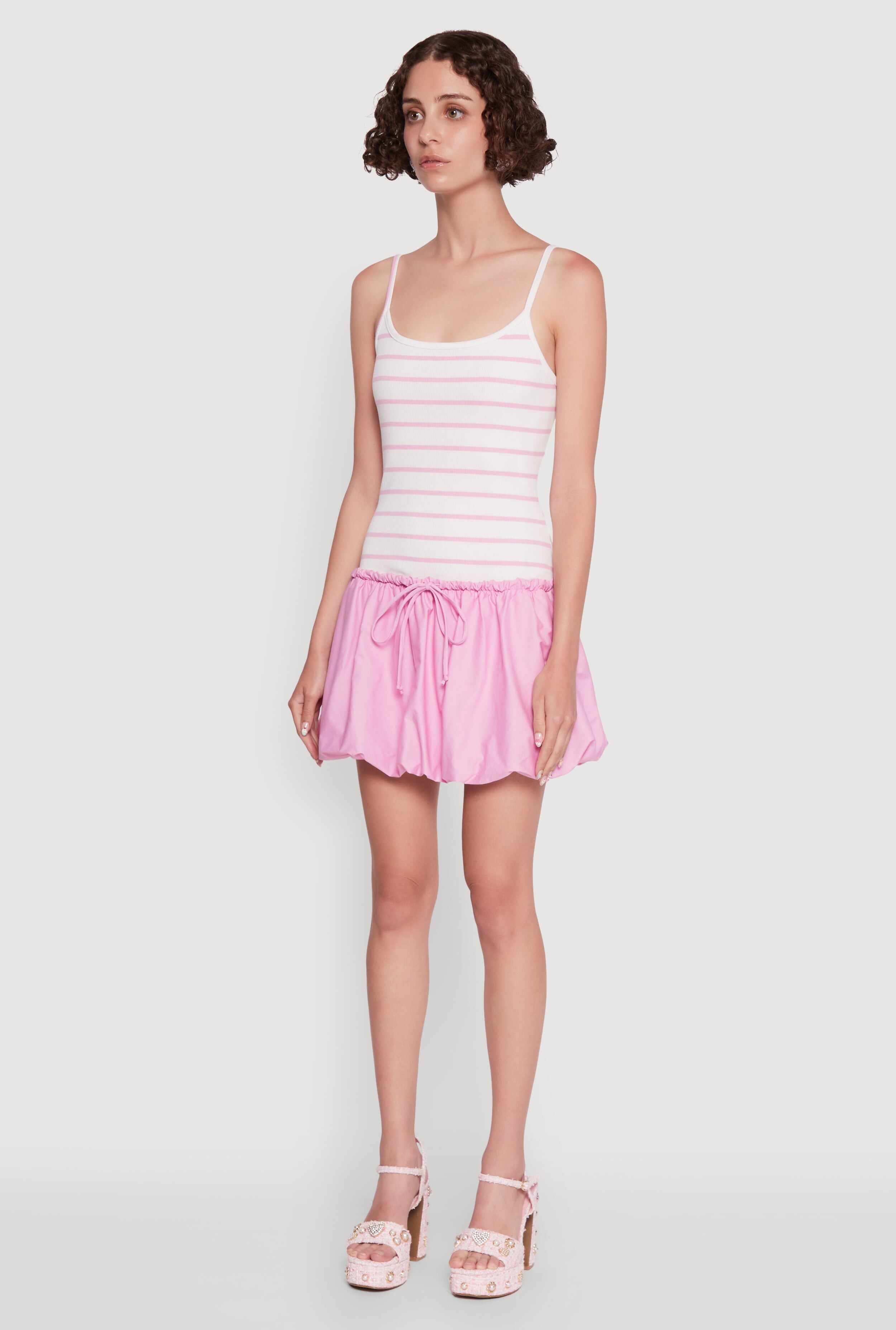 Ribbed Knit Striped Bubble Hem Mini Dress