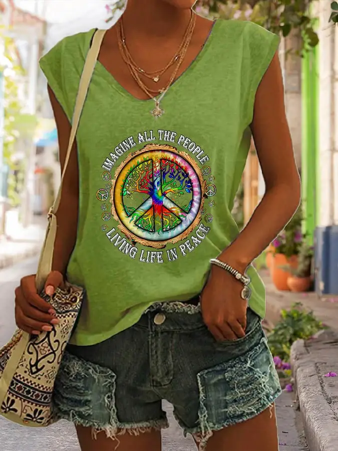 V-neck Hippie Imagine All The People Living Life In Peace Print Tank Top