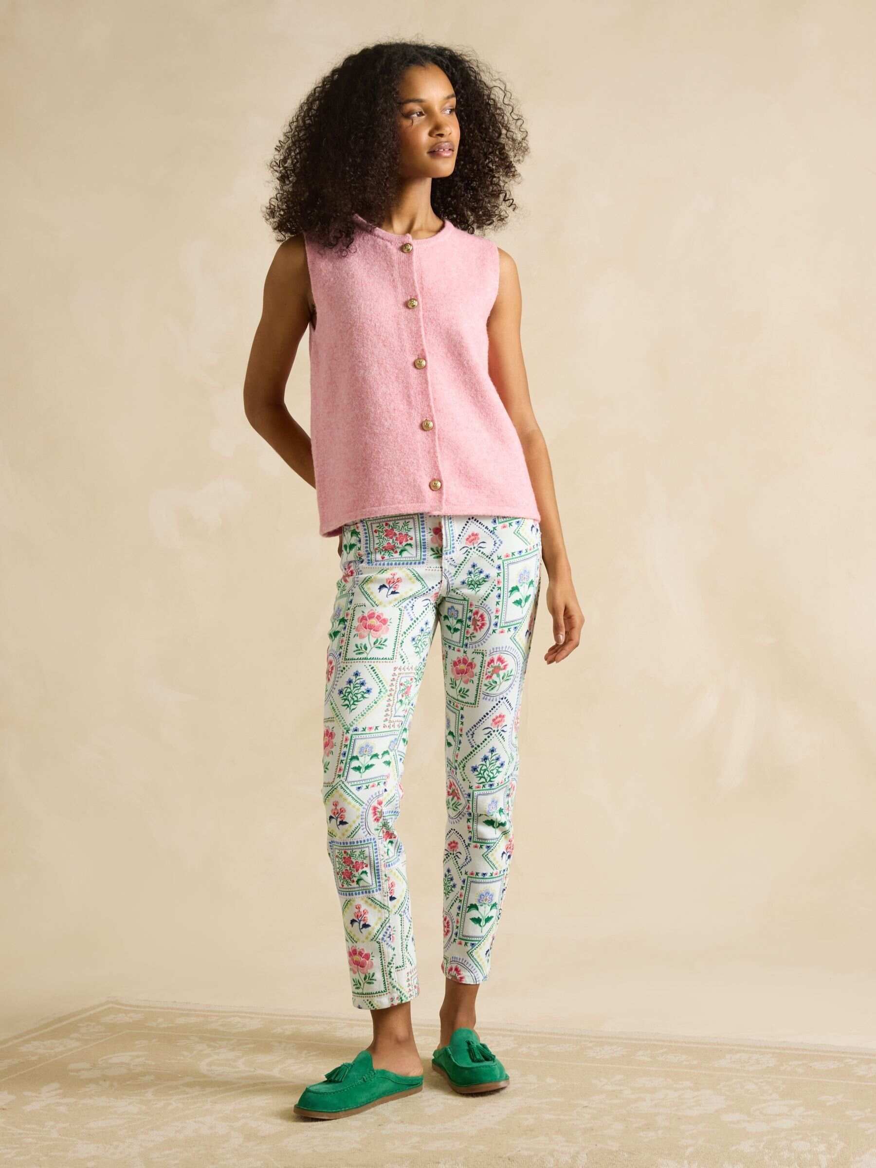Cream Tile Print Straight Fit Mid Rise Jeans