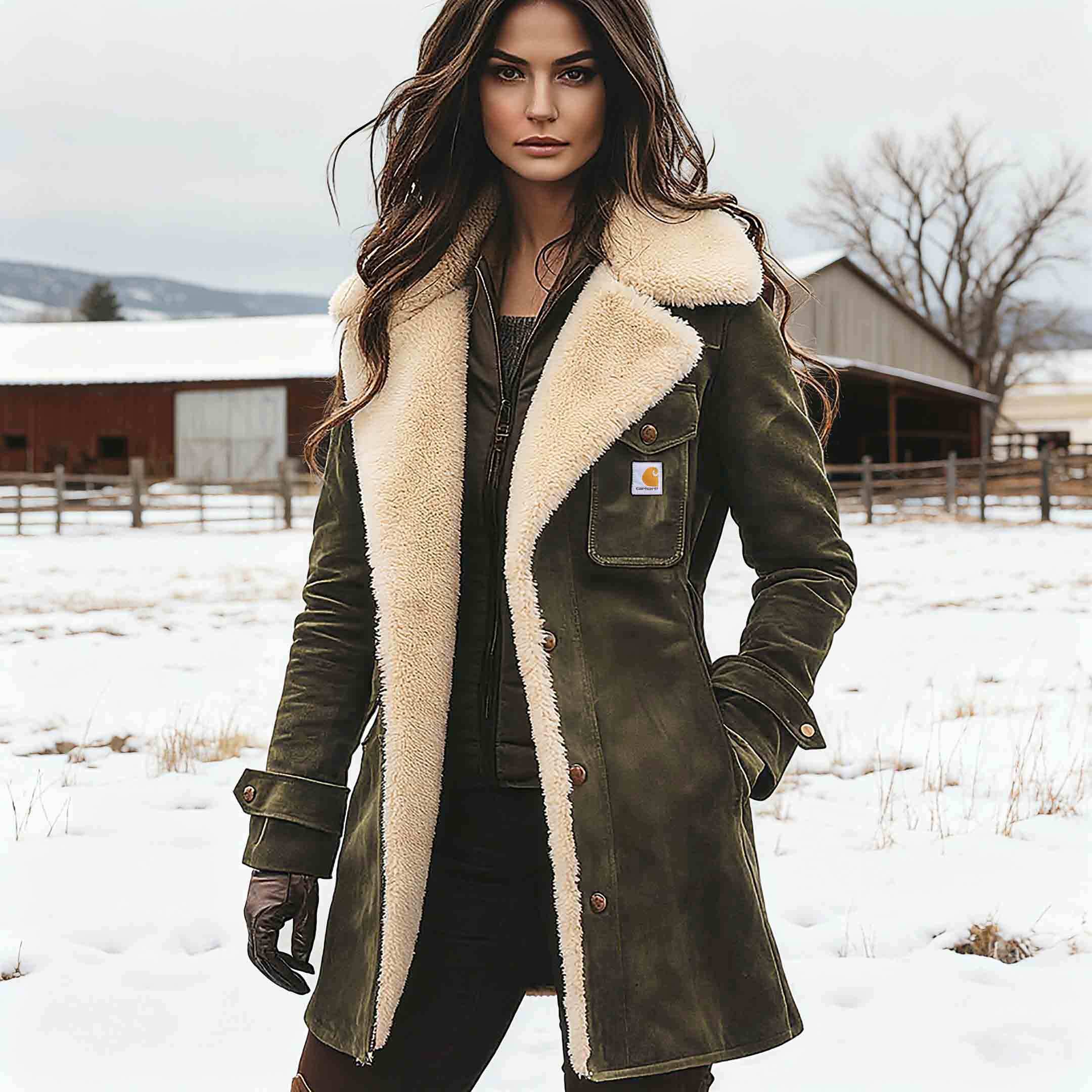 Women's Carhartt Vintage Brown Suede Fleece Lapel Collar Mid-Length Shearling Coat Jacket