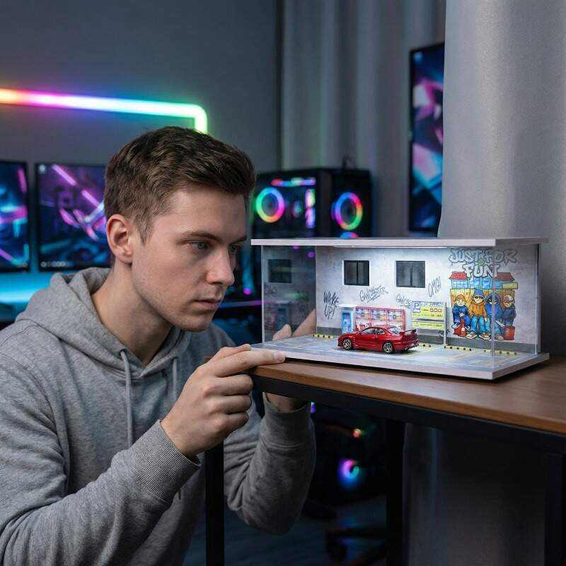 1:64 Scale Urban Graffiti Parking Diorama Display Case – Street Style Scene for Diecast Cars