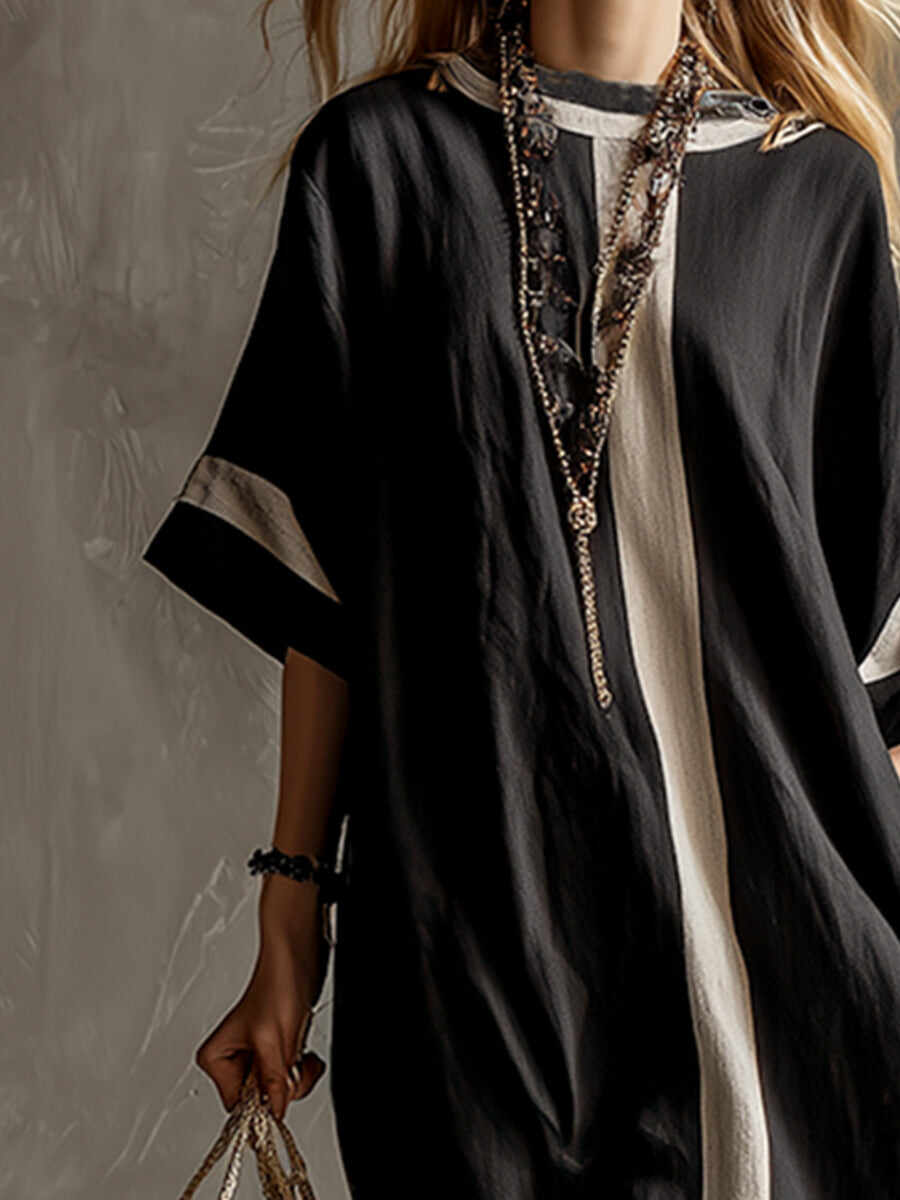 🔥Summer Arrivals🌟Stylish Urban Patchwork Black Cotton And Linen Short-sleeved Maxi Dress