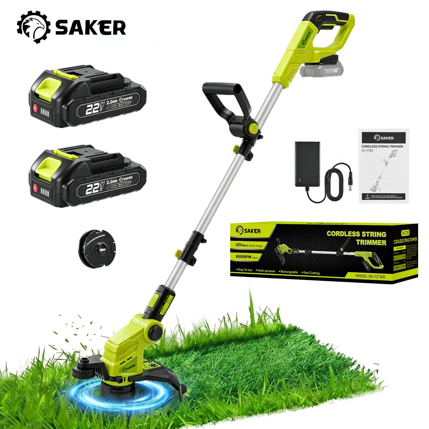 22V 12-in Cordless Lawn Mower, 3-in-1 Garden Tool (Mower, Trimmer, Edger) with Auto Cord Feed, 2×2.0Ah Batteries, Lightweight for Small to Medium Backyards