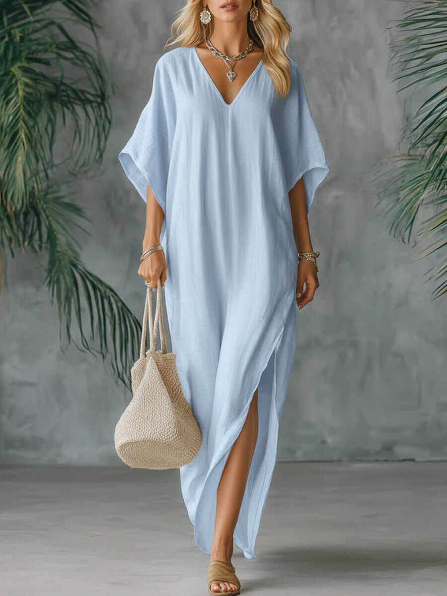 🔥Summer Arrivals🌟Women's Solid Color V-neck 3/4 Sleeve Casual Loose Cotton And Linen Dress