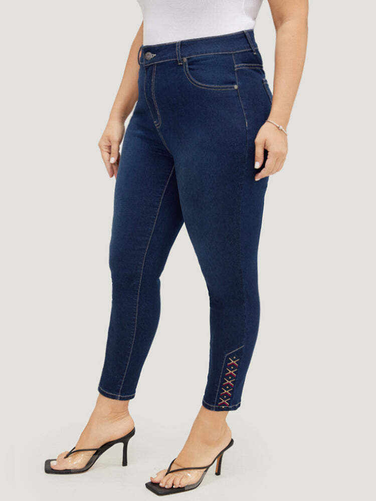 Very Stretchy High Rise Dark Wash Geometric Embroidered  Jeans