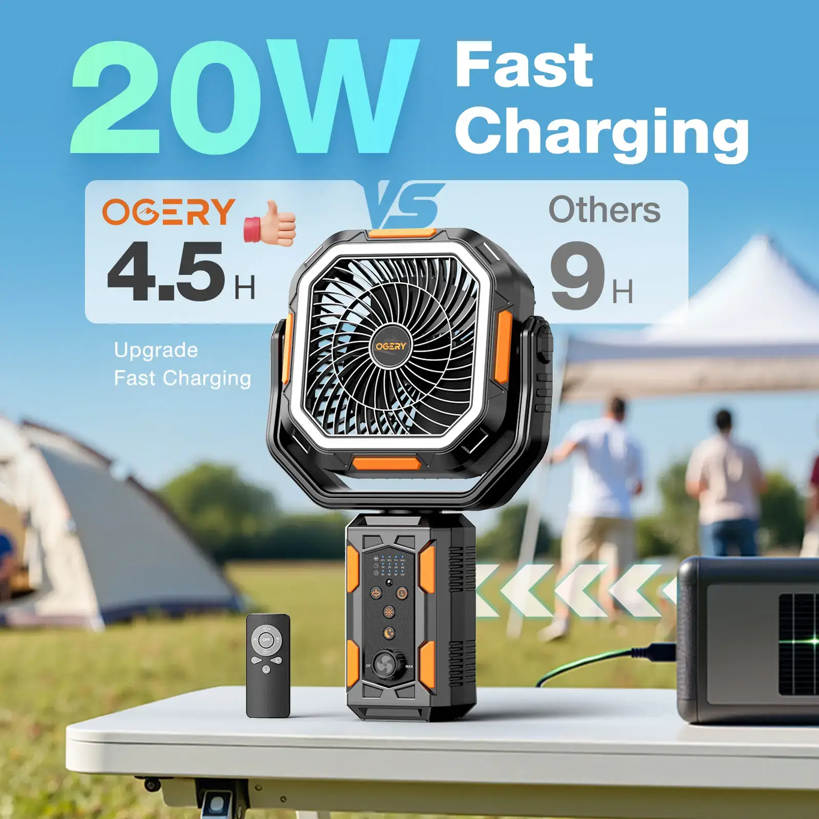 4 in 1 Cordless Camping Fan, 30000mAh Rechargeable Fan with Detachable Tripod, LED Lights & 270° Pivot, Remote Control Oscillating Portable Fan for Tent Travel Bedroom