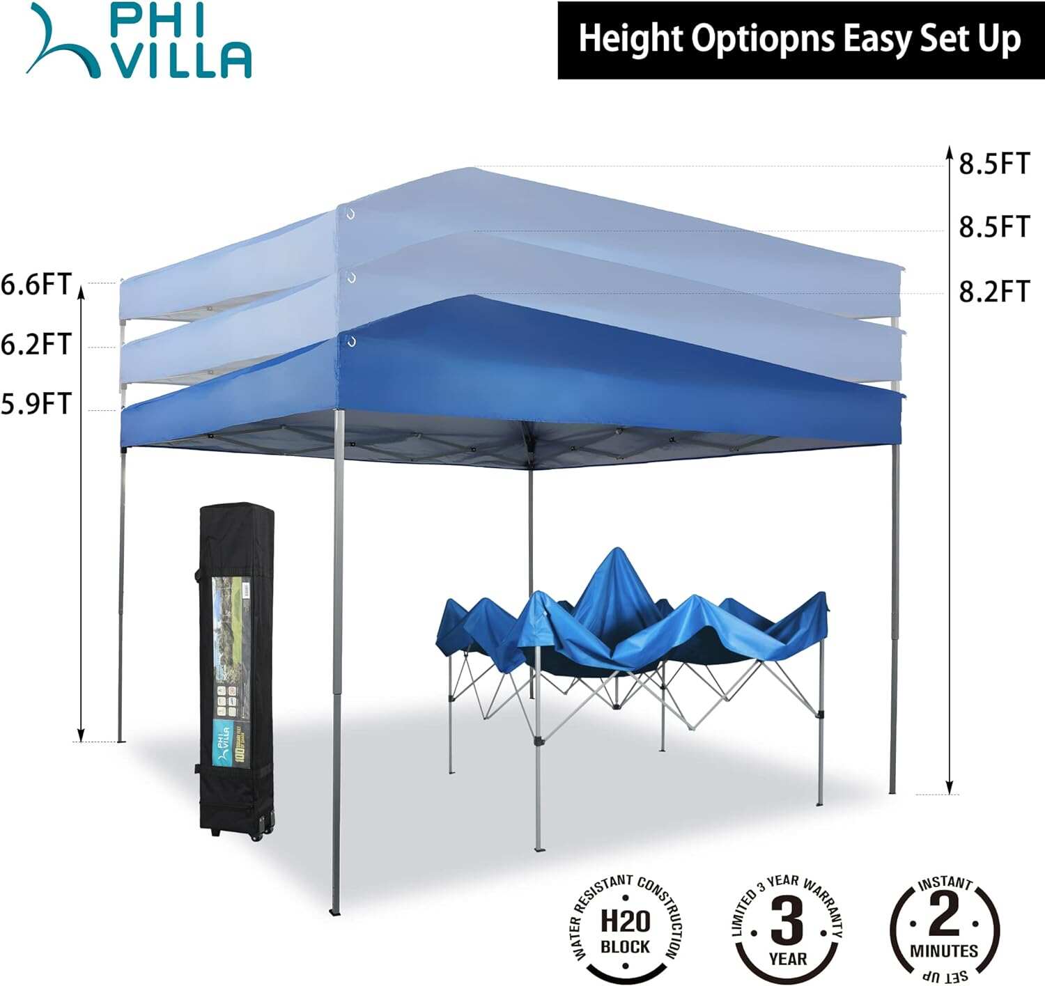 PHI VILLA Outdoor Pop up Canopy 10'x10' Tent Camping Sun Shelter-Series Party Tent, 100 Sq. Ft of Shade (Blue)