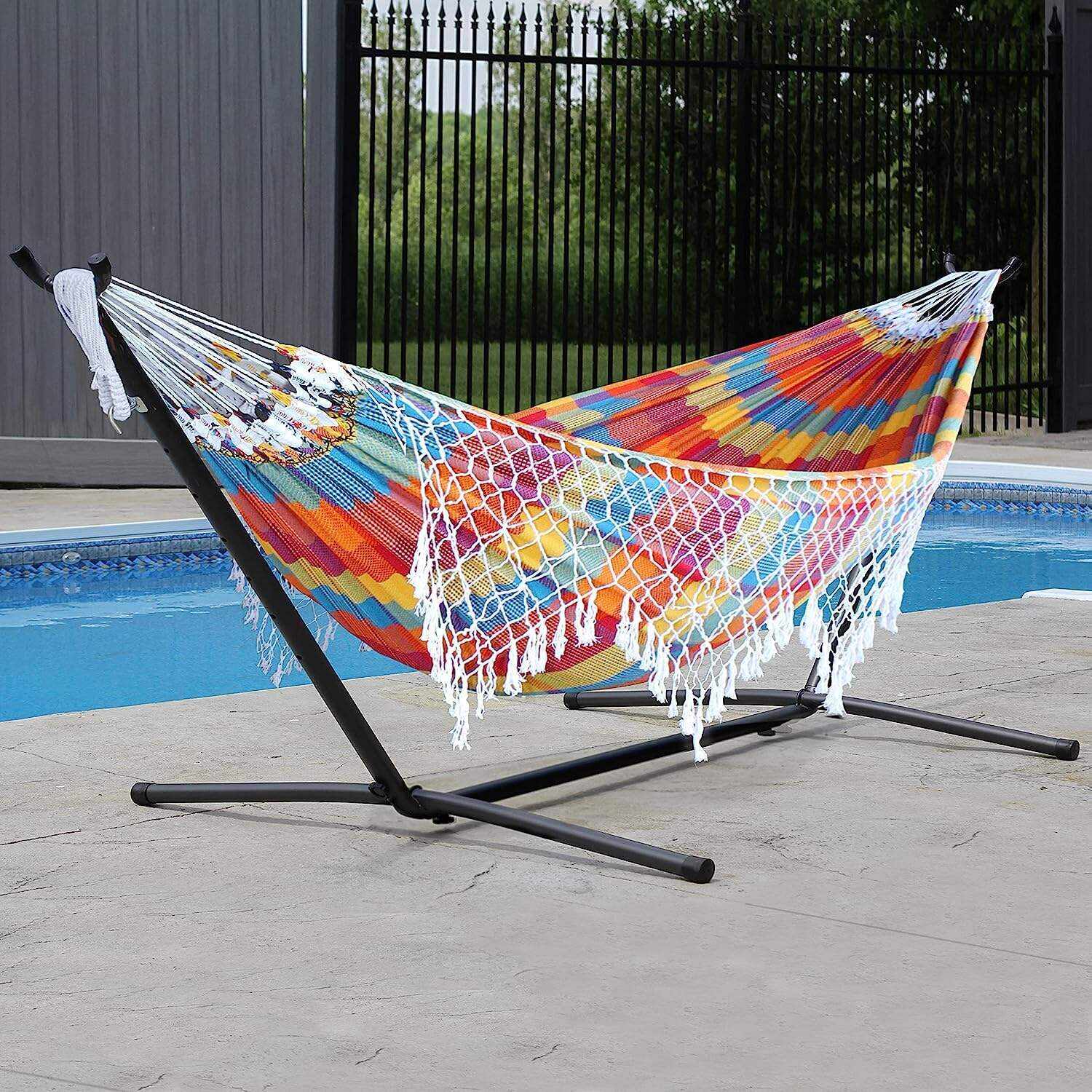 Double Cotton Hammock with Space Saving Steel Stand, Tropical (450 lb Capacity - Premium Carry Bag Included)