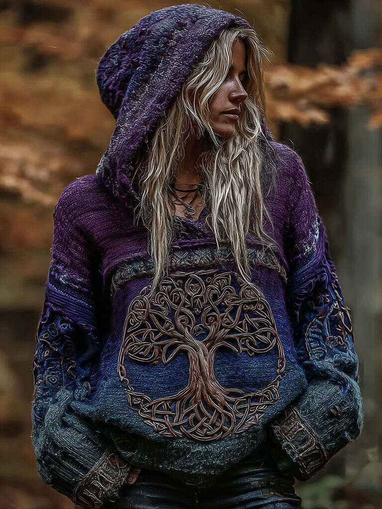 Women's Viking Life Of Tree Art Knitted Warm Hooded Sweater