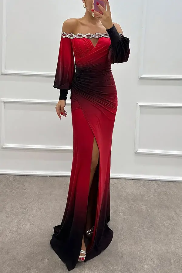 Gradient print boat neck off-shoulder long dress