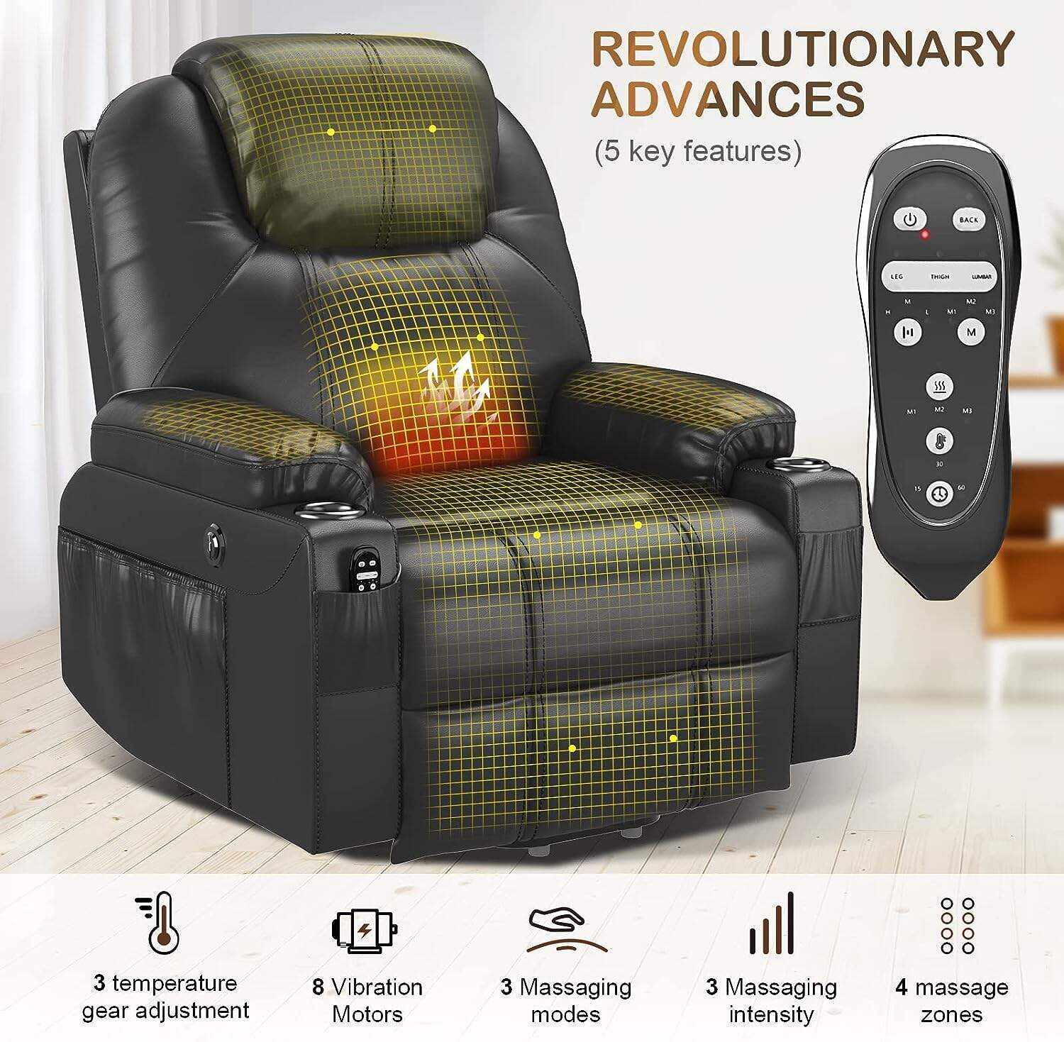 YONISEE Lar2ge Lift Chairs Recliner for Elderly - Power Fabric Lift Chair Modern with Massage and Heat, Extended Footrest, 3 Positions, 2 Side Pockets, and Cup Holders, USB Ports, Coffee Color