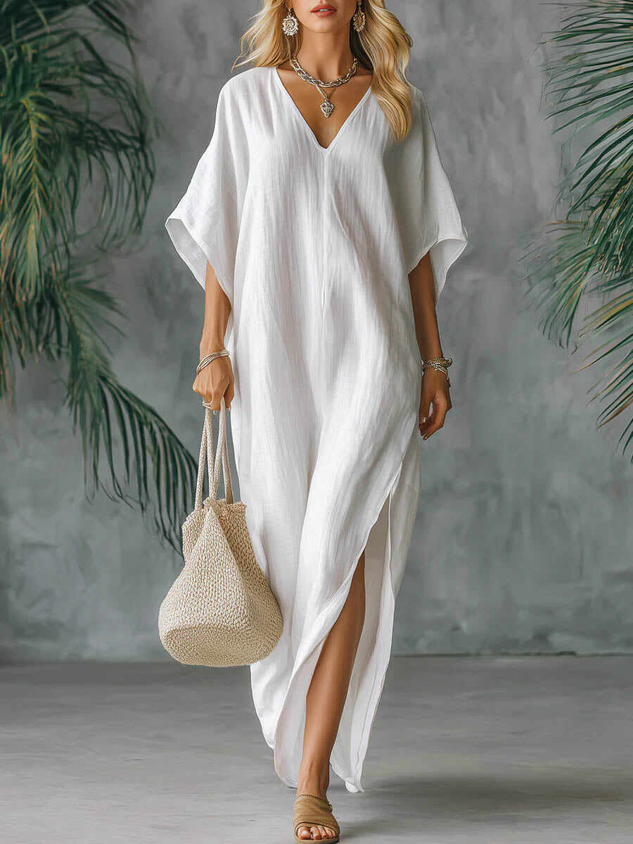 🔥Summer Arrivals🌟Women's Solid Color V-neck 3/4 Sleeve Casual Loose Cotton And Linen Dress