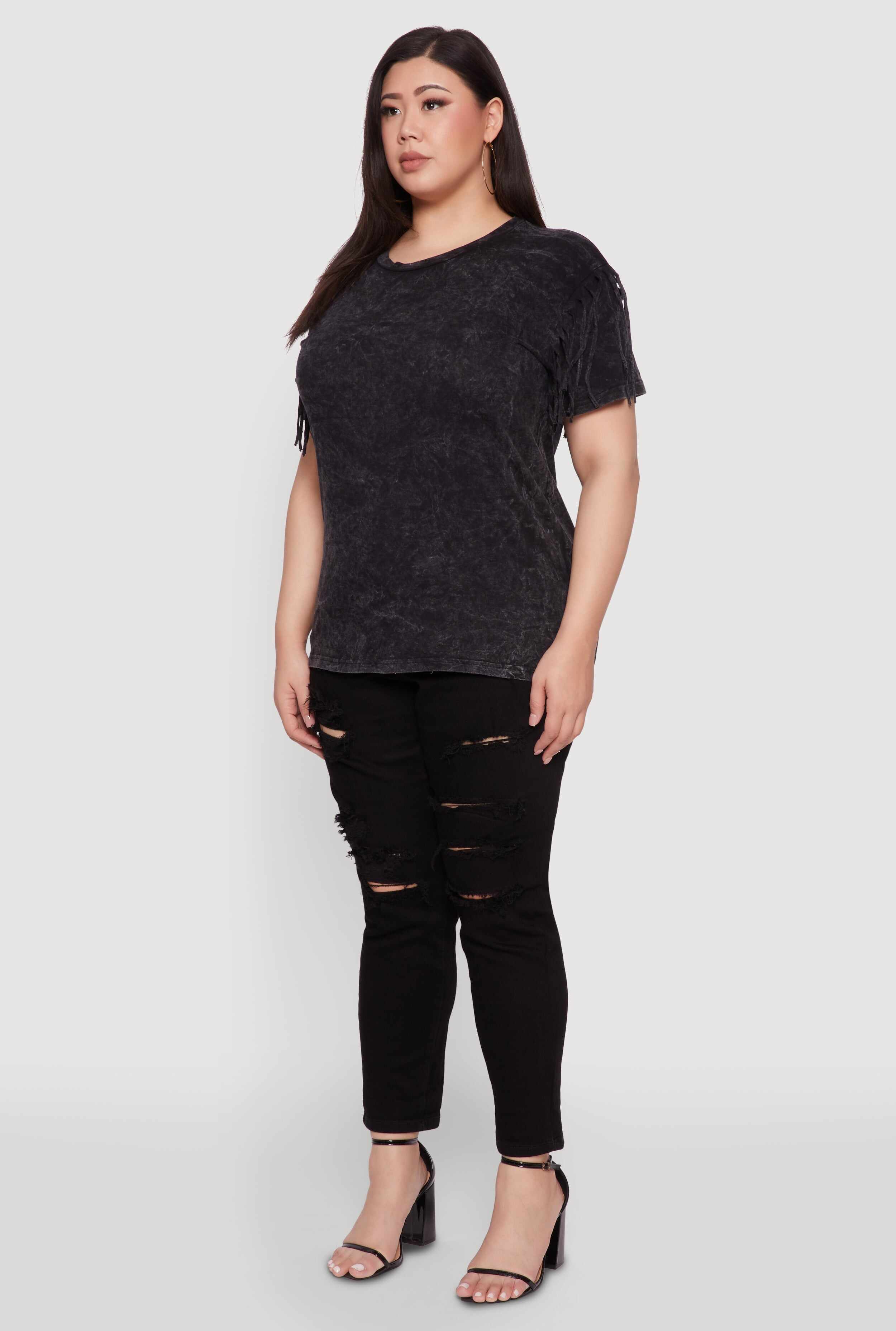 Plus Size Trendy Mineral Wash Fringe Sleeve Tee