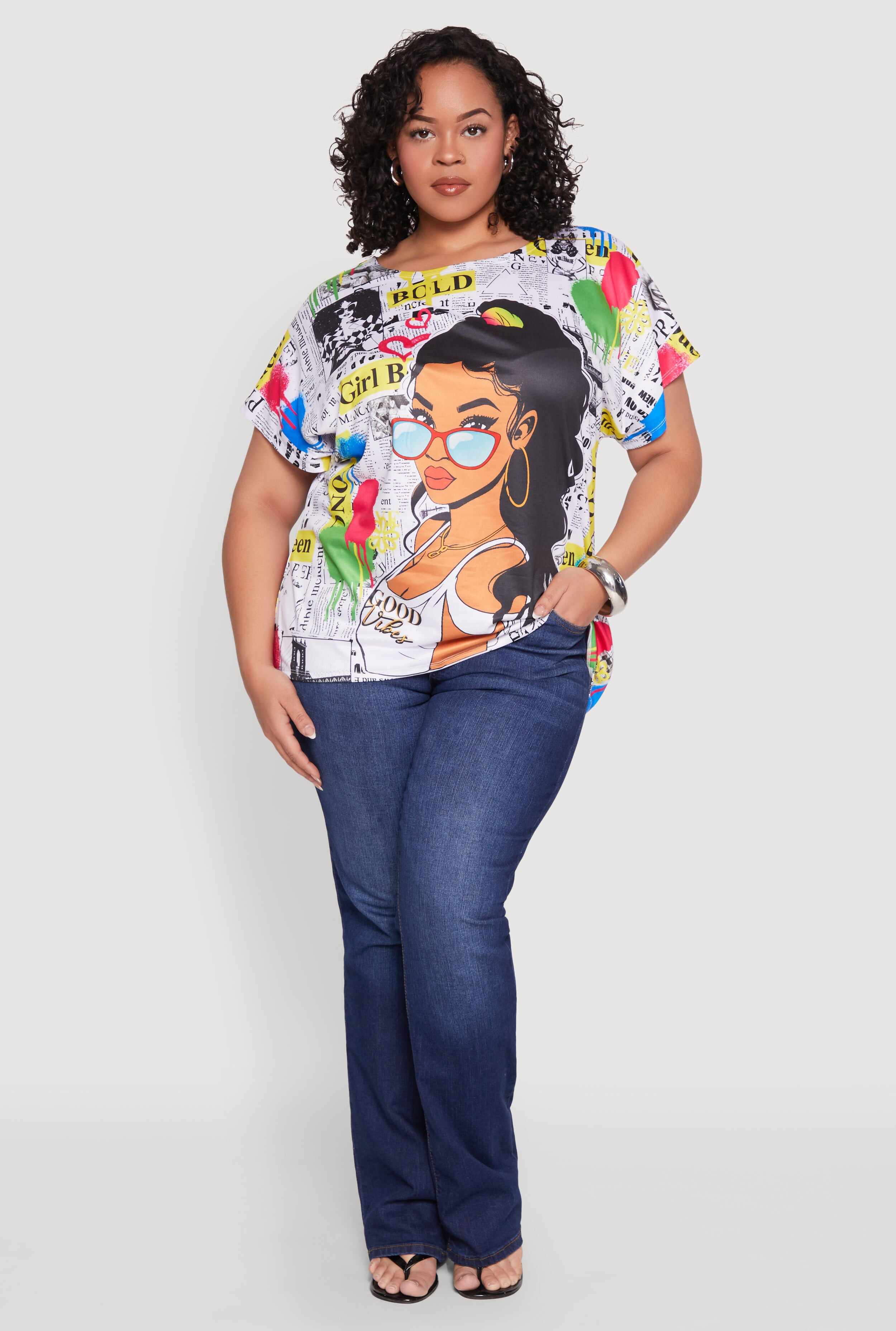 Plus Size Good Vibes Graphic Newspaper Print Tee