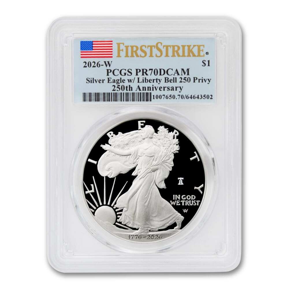 2026 W 1 oz American Silver Eagle Proof Coin PR-70 Deep Cameo (First Strike , 250th Anniversary, Liberty Bell 250 Privy, Flag Label)