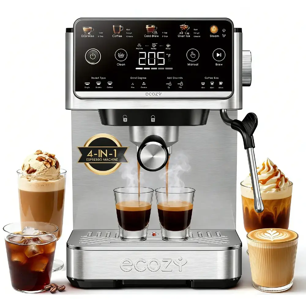 4-in-1 Espresso Machine  LED Touch Screen, 20 Bar Pump - Home Coffee Bar, Drip Coffee, Cold Brew and Over lce Machine, Intergrated Milk Frother, Stainless Steel, Brezzano Elite Series for Cappuccinos, Lattes, Americanos