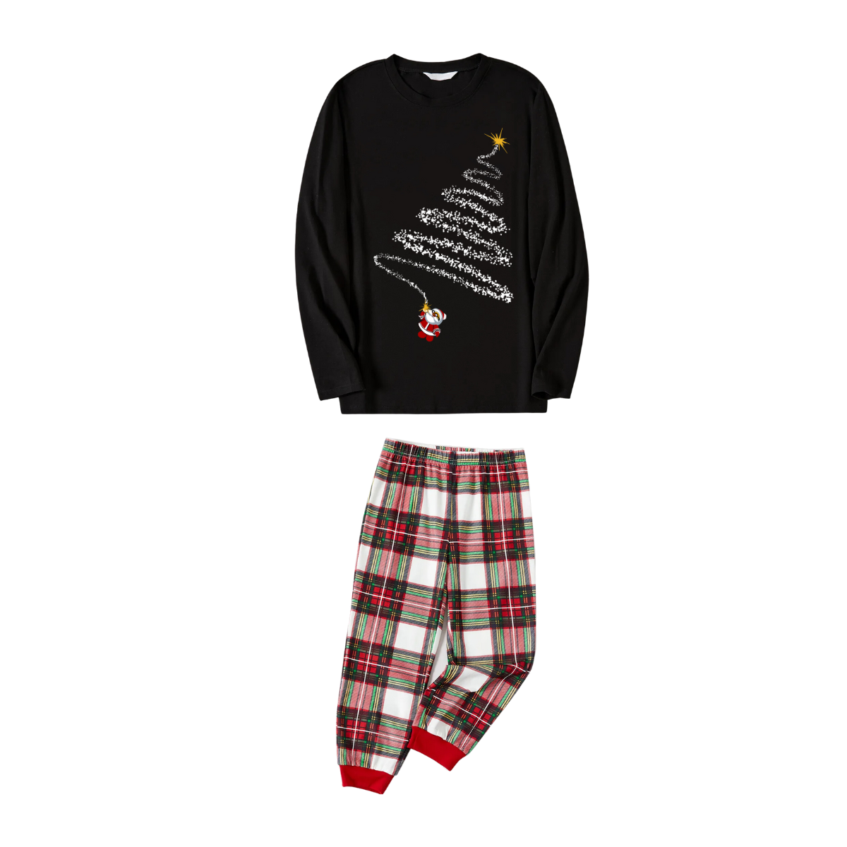Santa Claus Print Black Long Sleeve Top with Red & White & Green Plaid Family Matching Pajamas