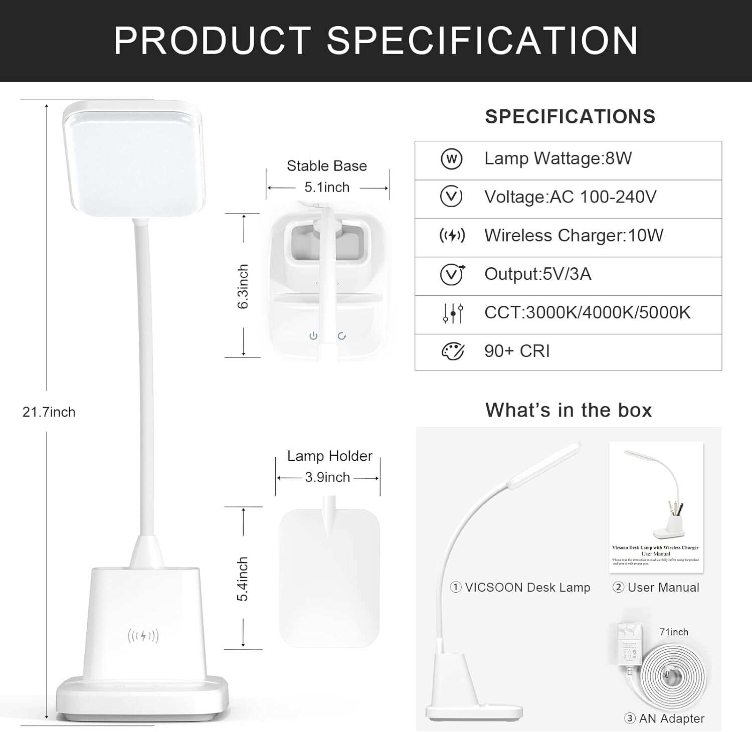Desk Lamp with Wireless Charger, LED Desk Lamps for Home Office, 800 Lumens, Small Desk Lamp with Pen Holder, Flexible Arm, 3 Modes, Dimming, Touch Lamp for College Dorm Room
