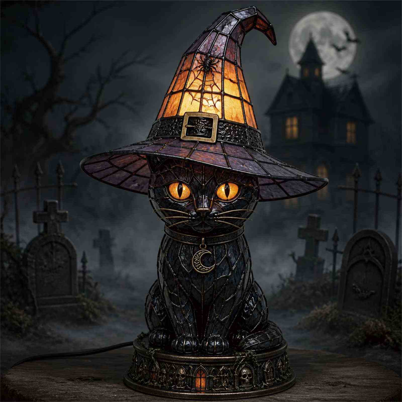 🔥Exclusive Limited Item 👍🔥50%OFF🐈 Gothic Stained Glass Witch Black Cat Table Lamp | Halloween Witch Hat Night Light Decor
