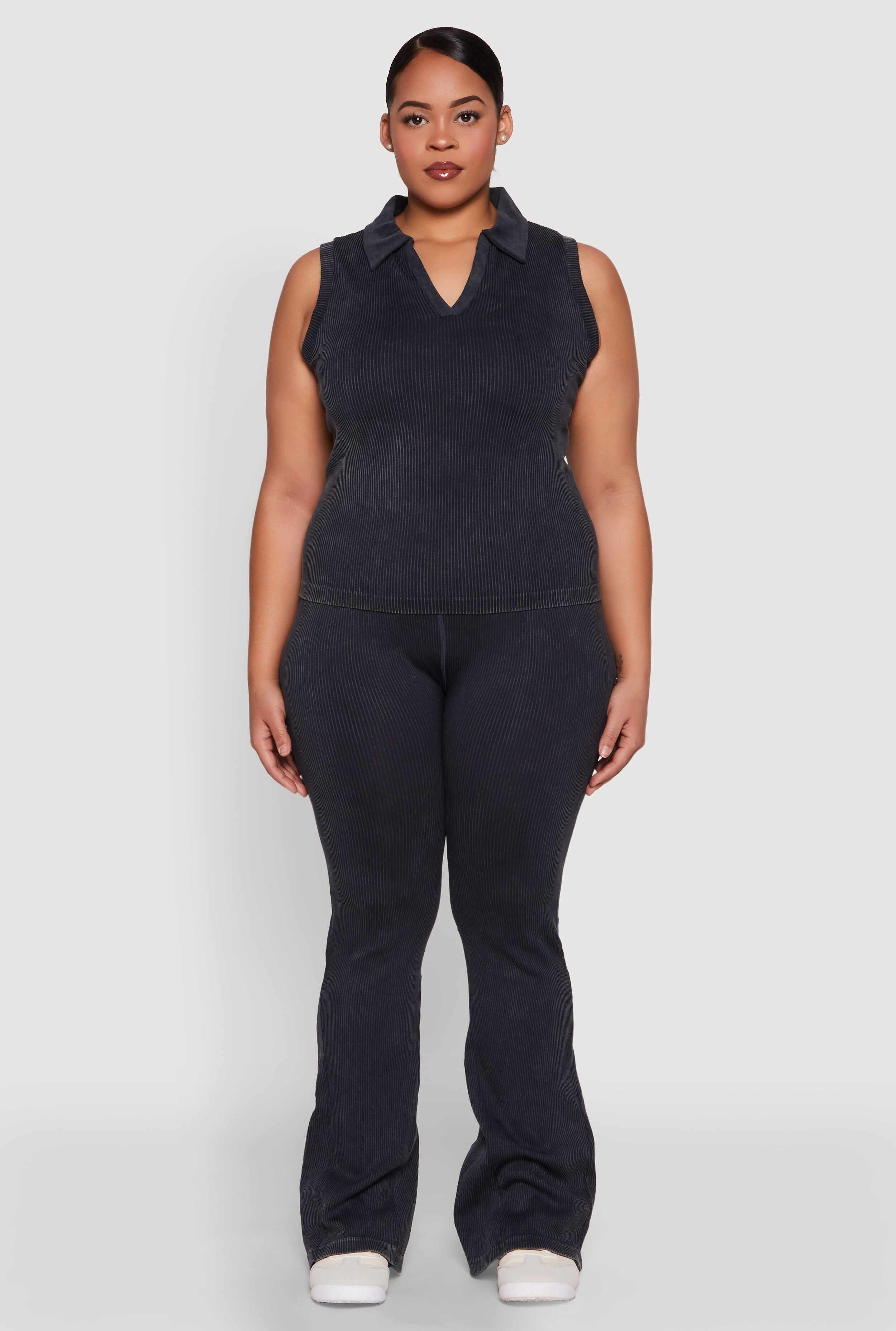 Plus Size Mineral Wash Ribbed Knit Boot Cut Pants