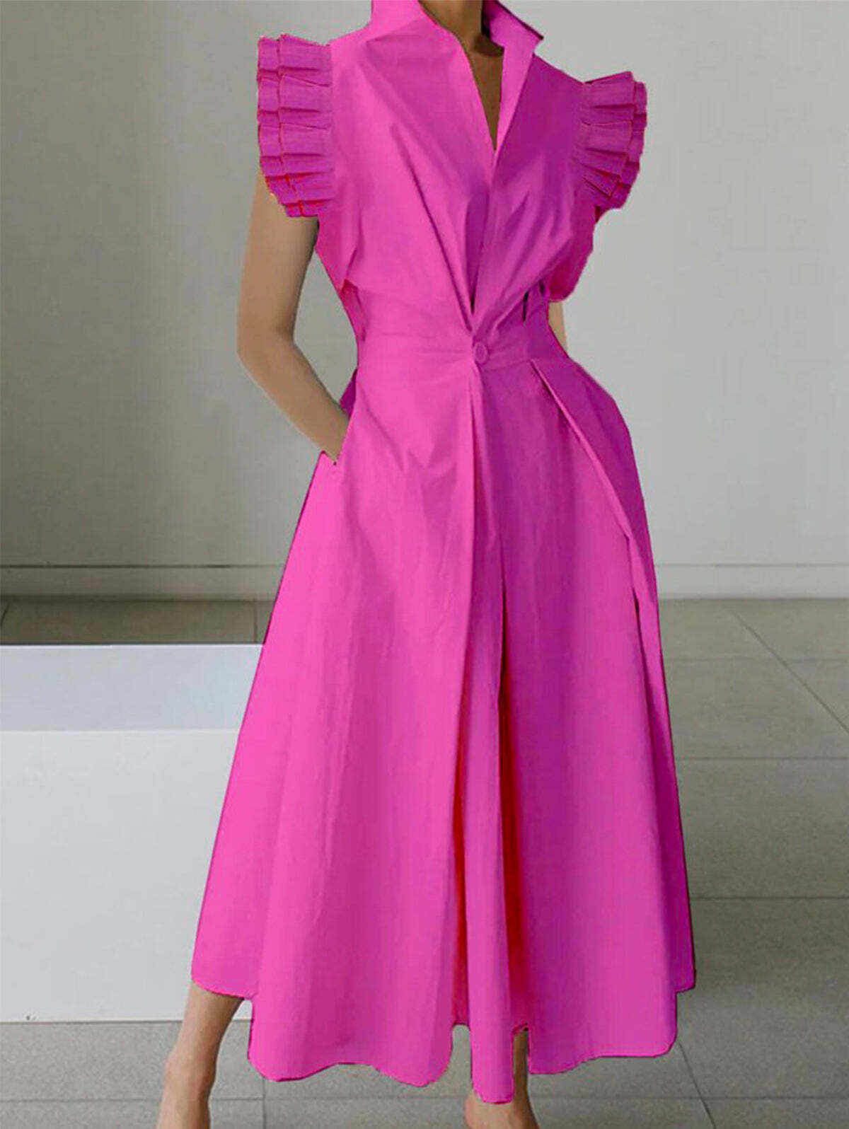 Elegant Plain Shirt Collar Flounce Sleeve Button Midi Tunic Dress