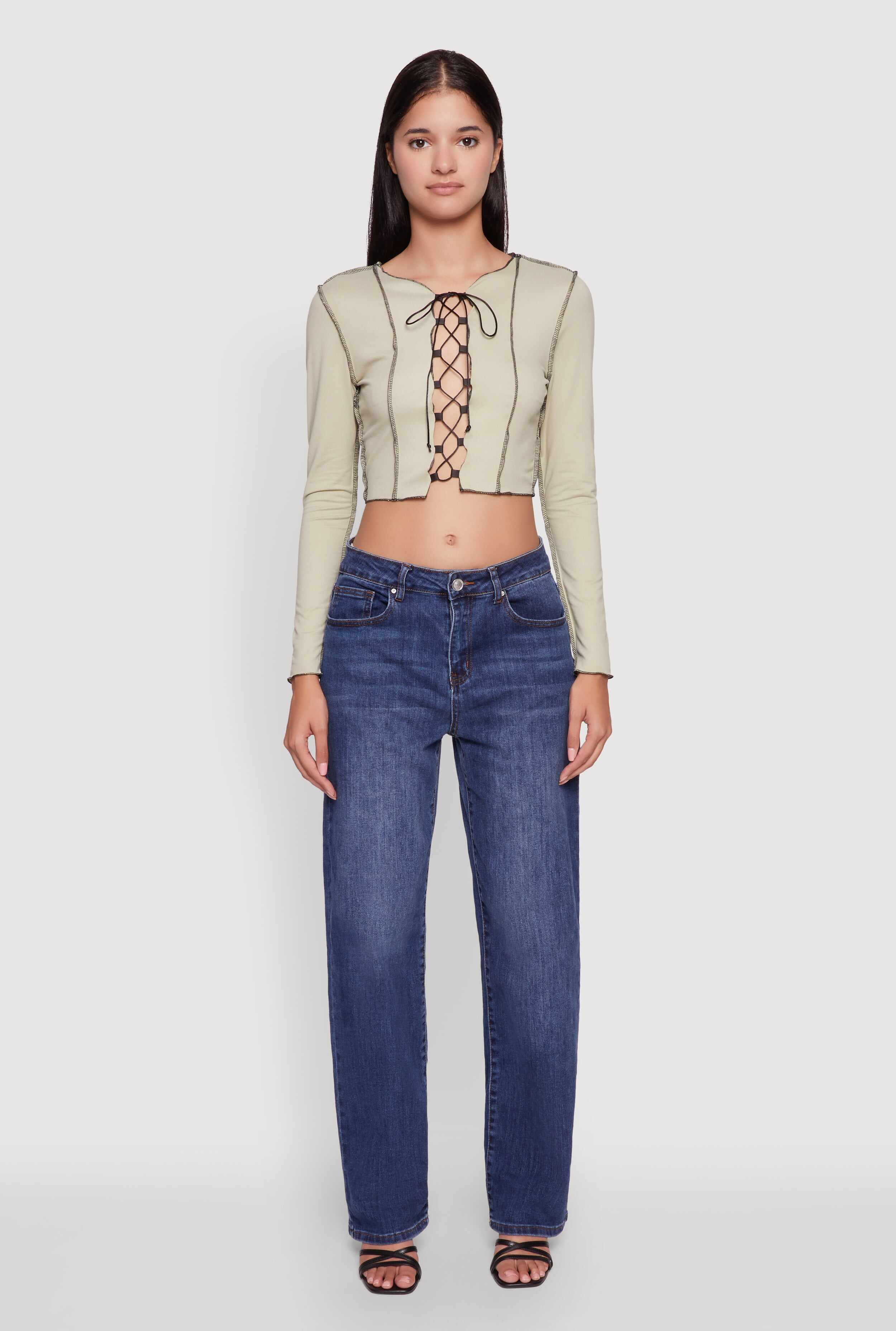 Brushed Knit Lace-Up Long Sleeve Crop Blouse