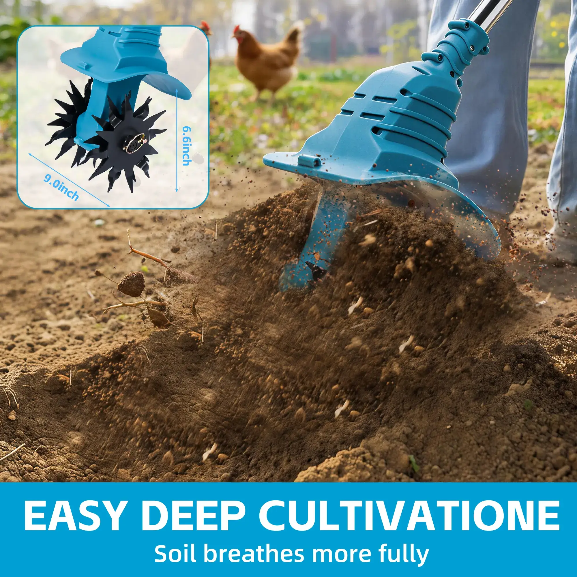 18.5V Cordless Tiller Cultivator, 360RPM Electric Garden Tiller, with 2 * 4.0Ah Batteries & Charger, 9In Tilling Width and 6.6In Depth Garden Rototiller for Lawn/Gardening/Soil Cultivation Tool Handle