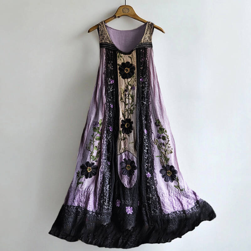 Classy Dark Floral Lace Patchwork Linen Tank Dress