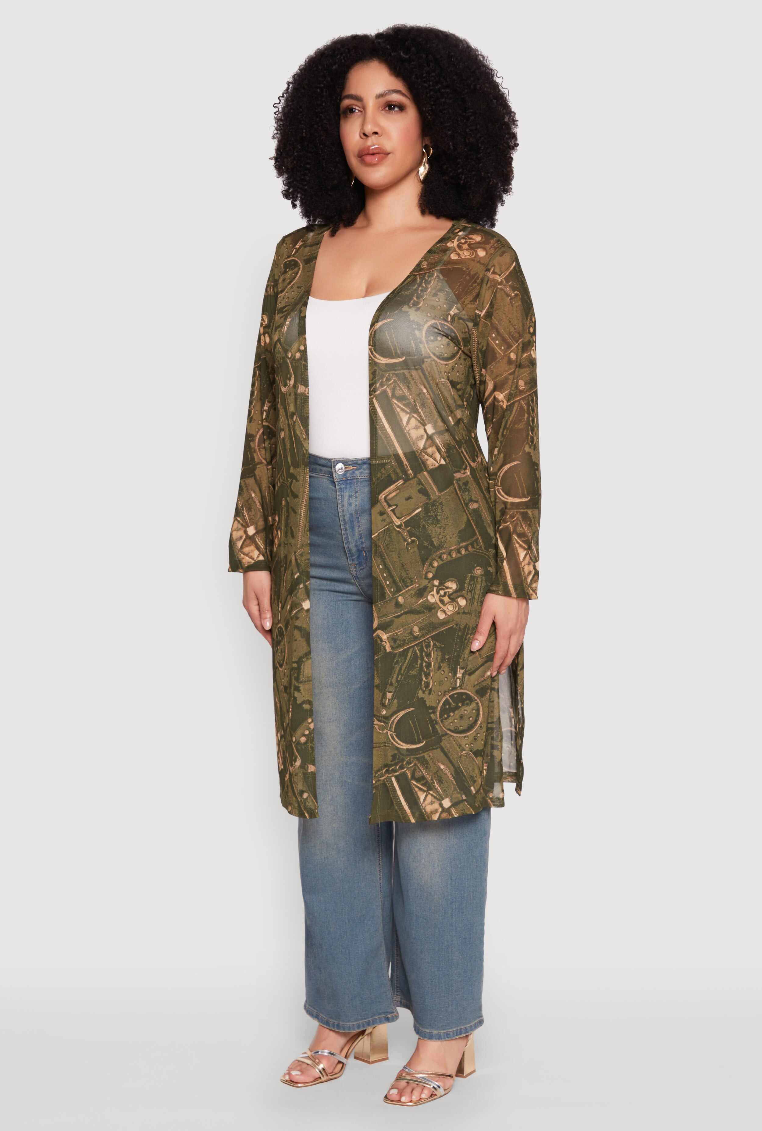 Plus Size Buckle Belt Print Mesh Duster
