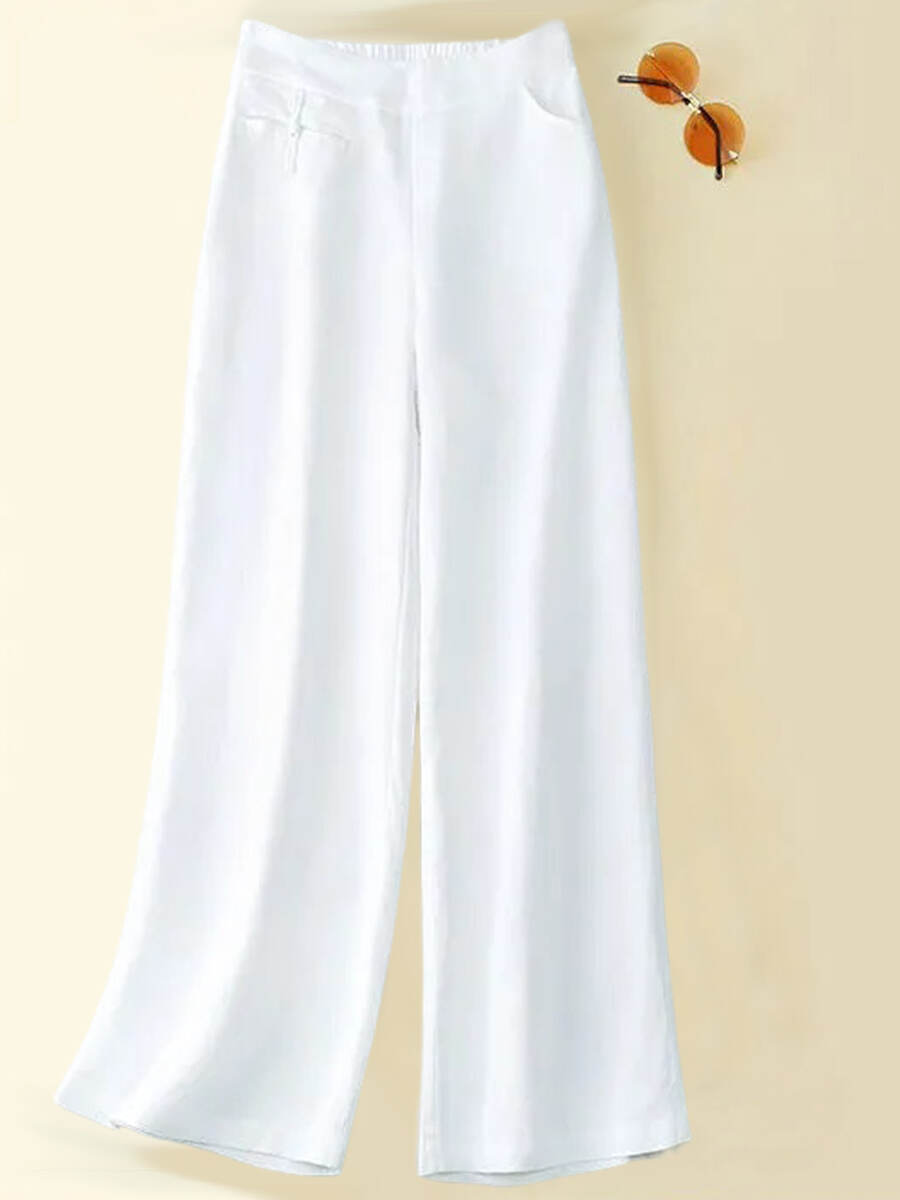 🔥Summer Arrivals🌟Women's Solid Color Button Half Elastic High Waist Casual Cotton and Linen Wide Leg Pants