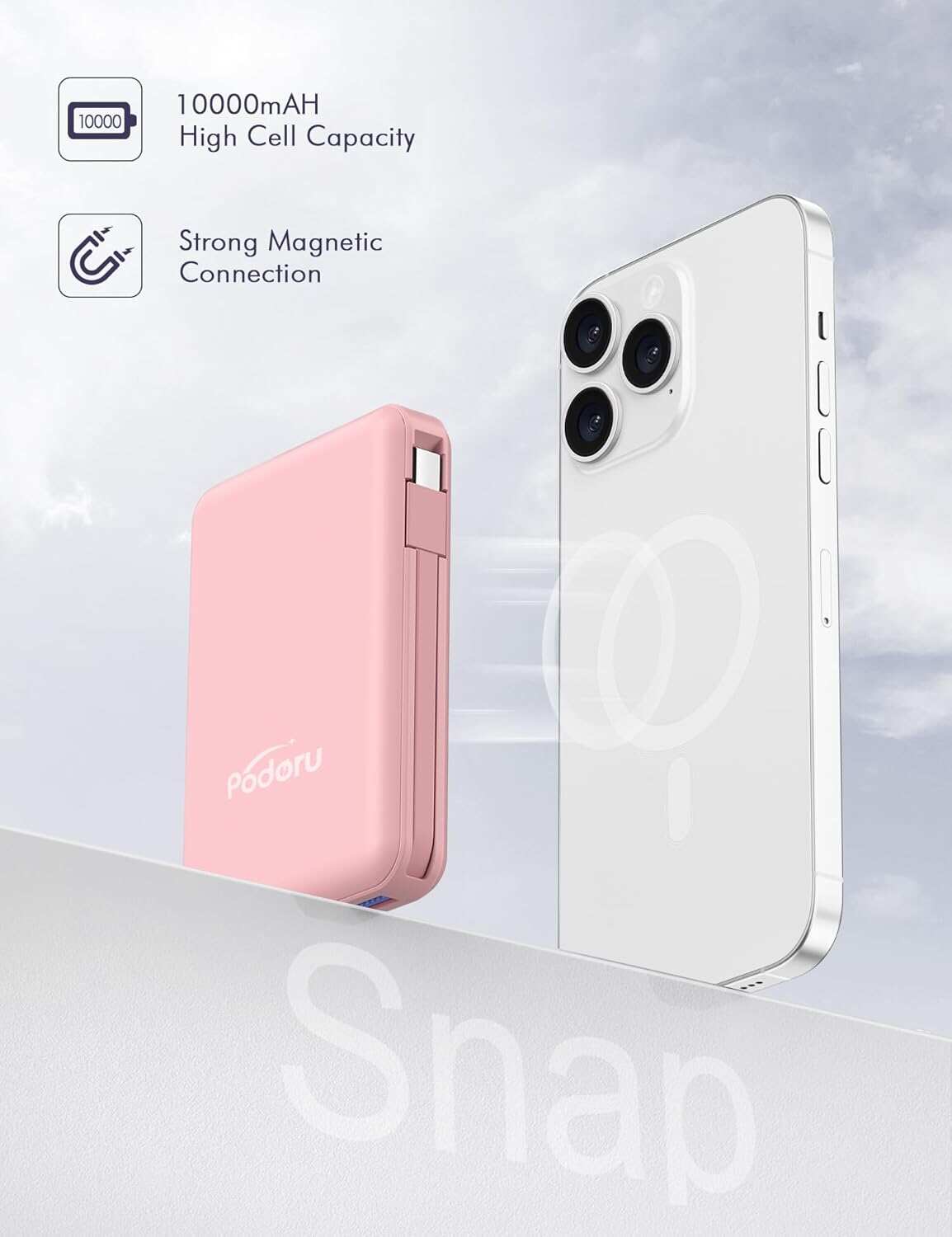 podoru Wireless Portable Charger, 10000mAh Magnetic Power Bank Built-in USB-C Lighting Cables 22.5W PD Fast Charging LED Display Mag-Safe Battery Pack for iPhone 15/14/13/12/Mini/Pro/Pro Max - White