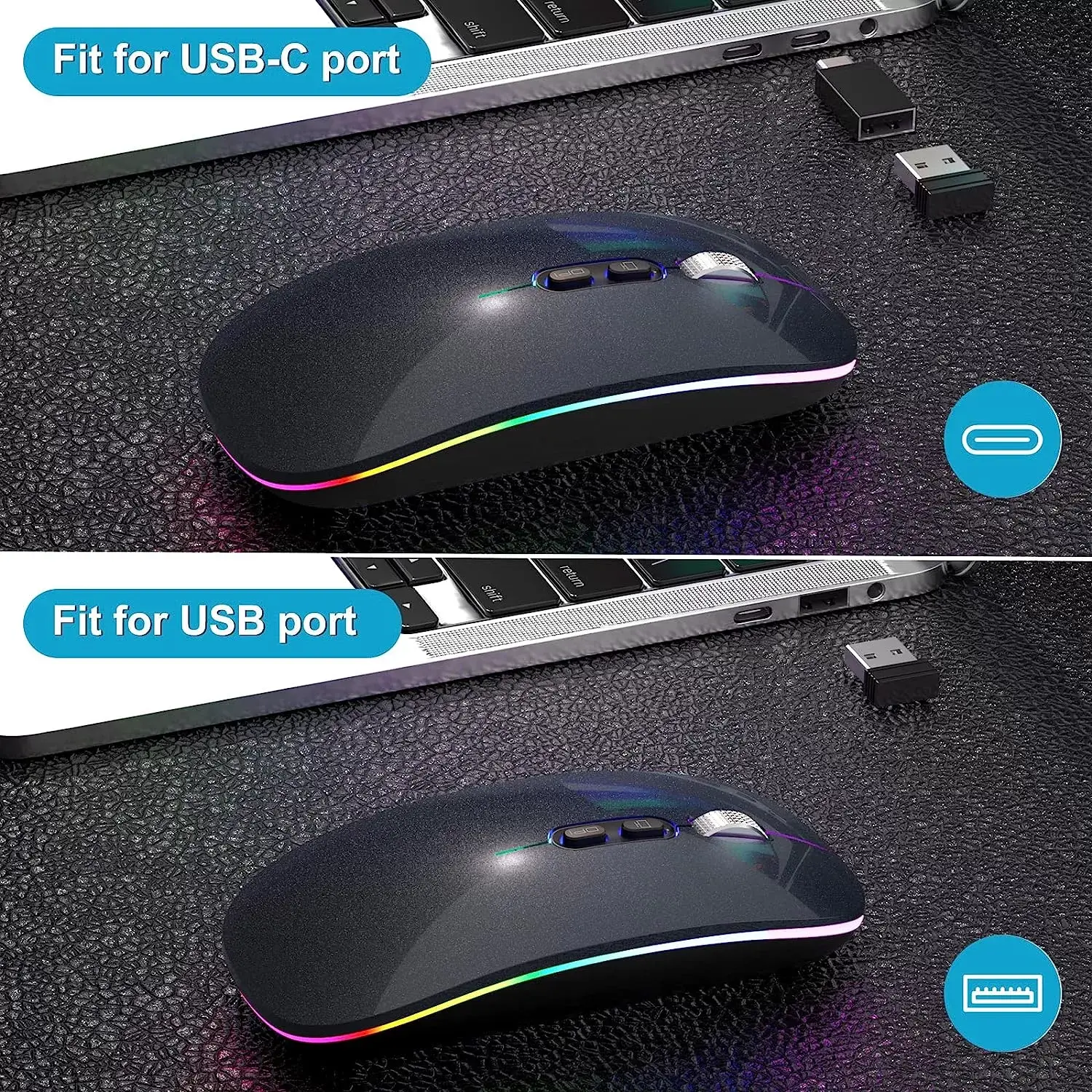 [Upgrade] LED Wireless Mouse, Slim Silent Mouse 2.4G Portable Mobile Optical Office Mouse with USB & Type-c Receiver, 3 Adjustable DPI Levels for Notebook, PC, Laptop, Computer, MacBook (Pink)