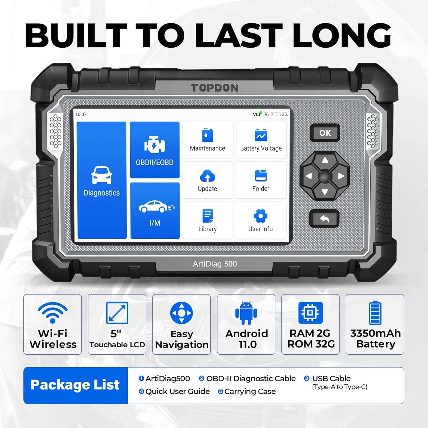AD500 OBD2 Scanner, Oil SAS Throttle TPMS BMS EPB Reset, Engine ABS SRS Transmission, Diagnostic Scan Tool, AutoVIN, Car Check Engine Code Reader with Battery Test, Lifetime Wi-Fi Free Update