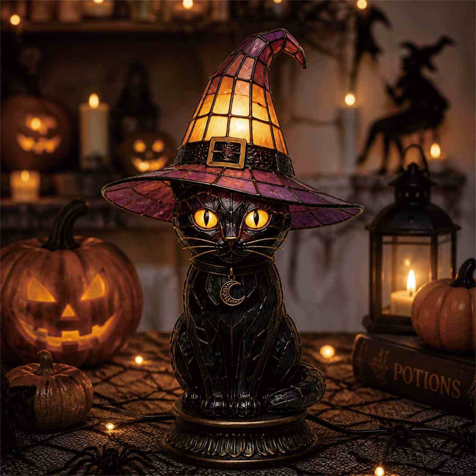 🔥Exclusive Limited Item 👍🔥50%OFF🐈 Gothic Stained Glass Witch Black Cat Table Lamp | Halloween Witch Hat Night Light Decor