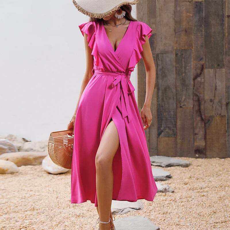 Summer ruffle V-neck lace-up split dress