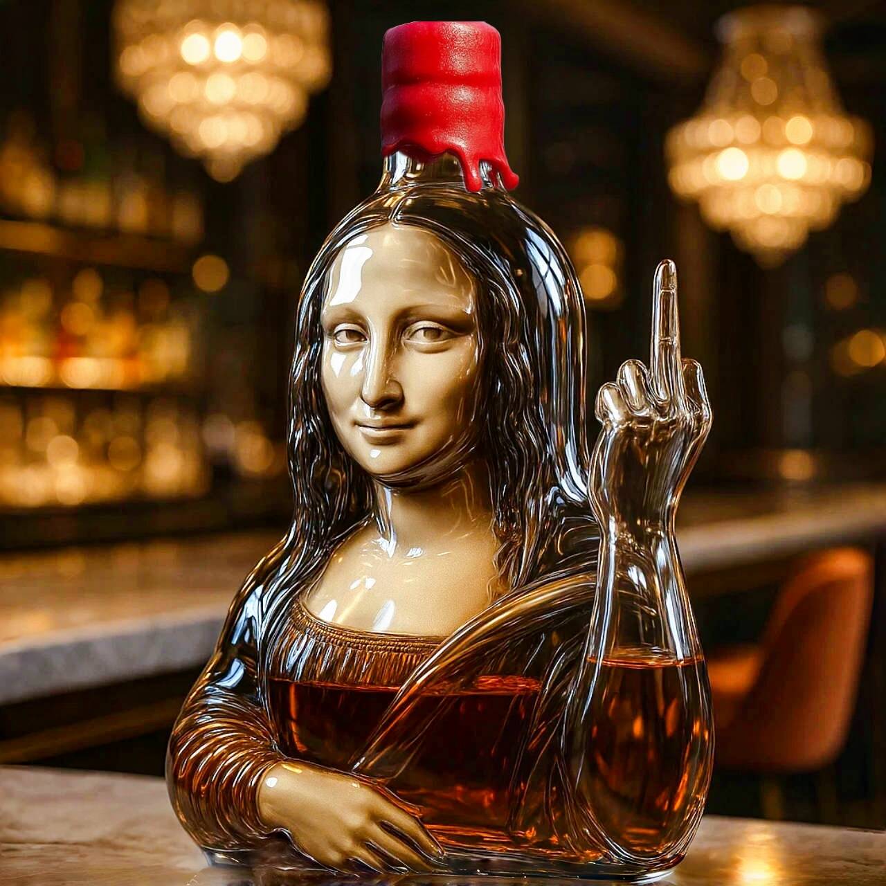 Funny middle finger Mona Lisa whiskey bottle