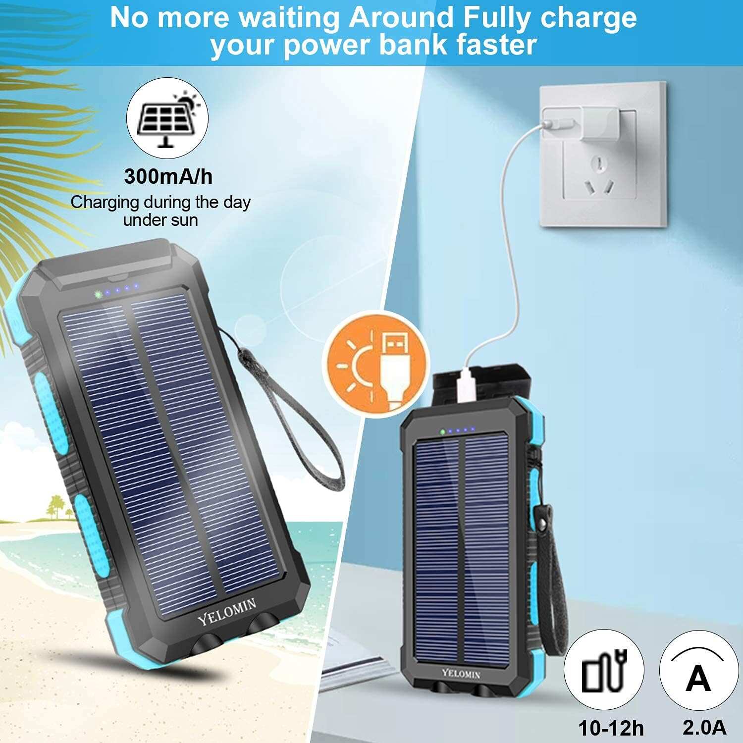 YELOMIN Solar Charger, 38800mAh Portable Solar Power Bank, Waterproof Battery Pack for Outdoor Activities, Camping External Backup Power Charger Dual USB 5V Outputs/LED Flashlights