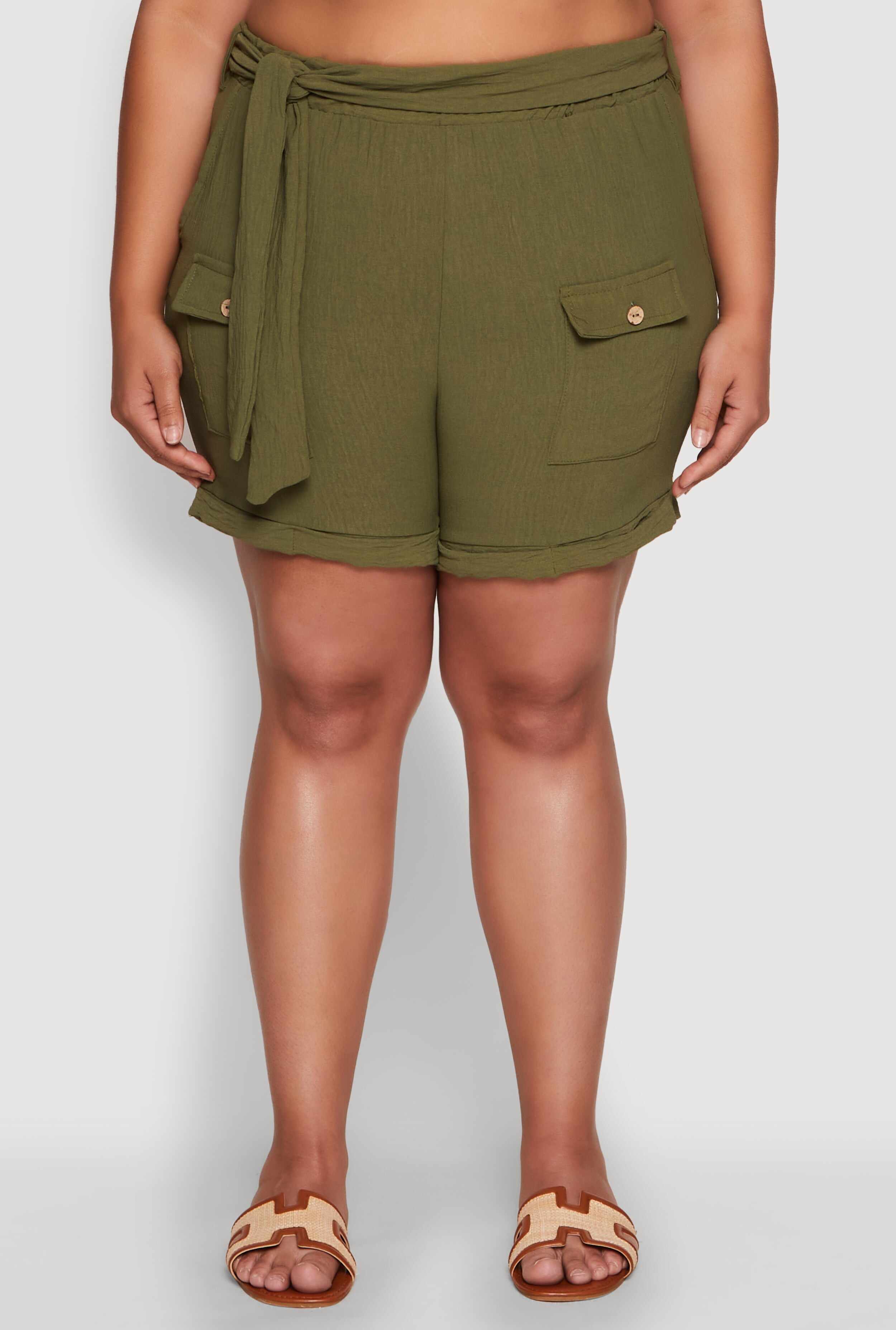 Plus Size Fixed Cuff Shorts with Tie Waist Belt