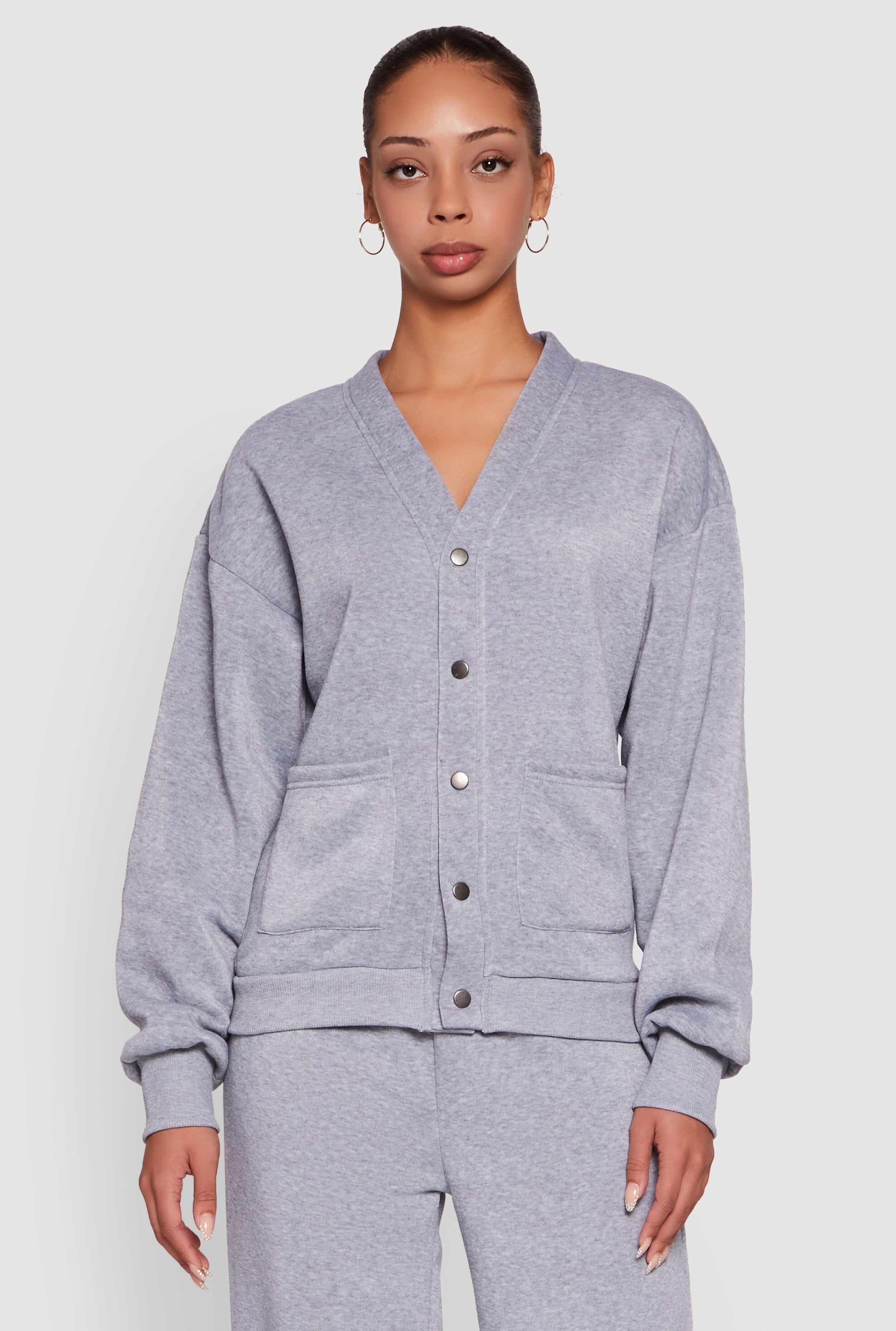 Oversized Fleece Lined V-Neck Button Front Cardigan