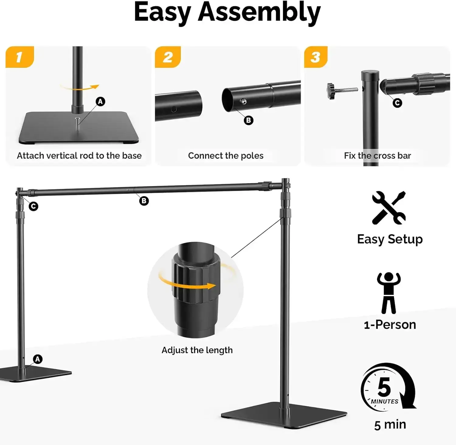 8x10ft Adjustable Photo Backdrop Stand Kit, Heavy-Duty Steel Background Support Stand for Studio Shooting, Parties & Wedding Events