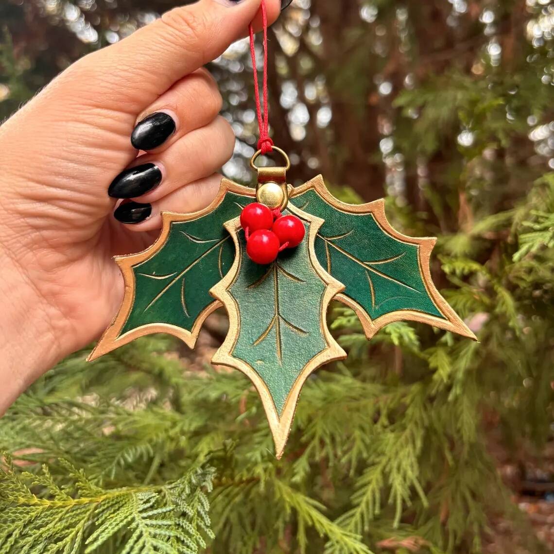 Holly Leaf Mistletoe Leather Ornament