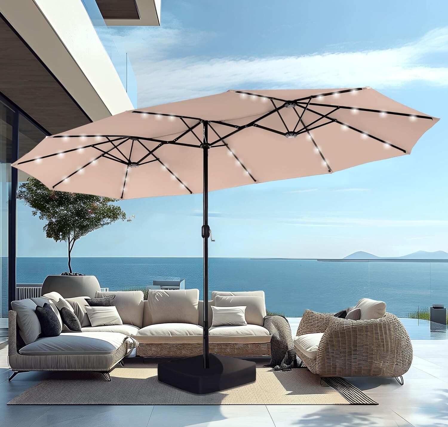 15ft Double-Sided Rectangular Patio Umbrella with Solar LED Lights & Base