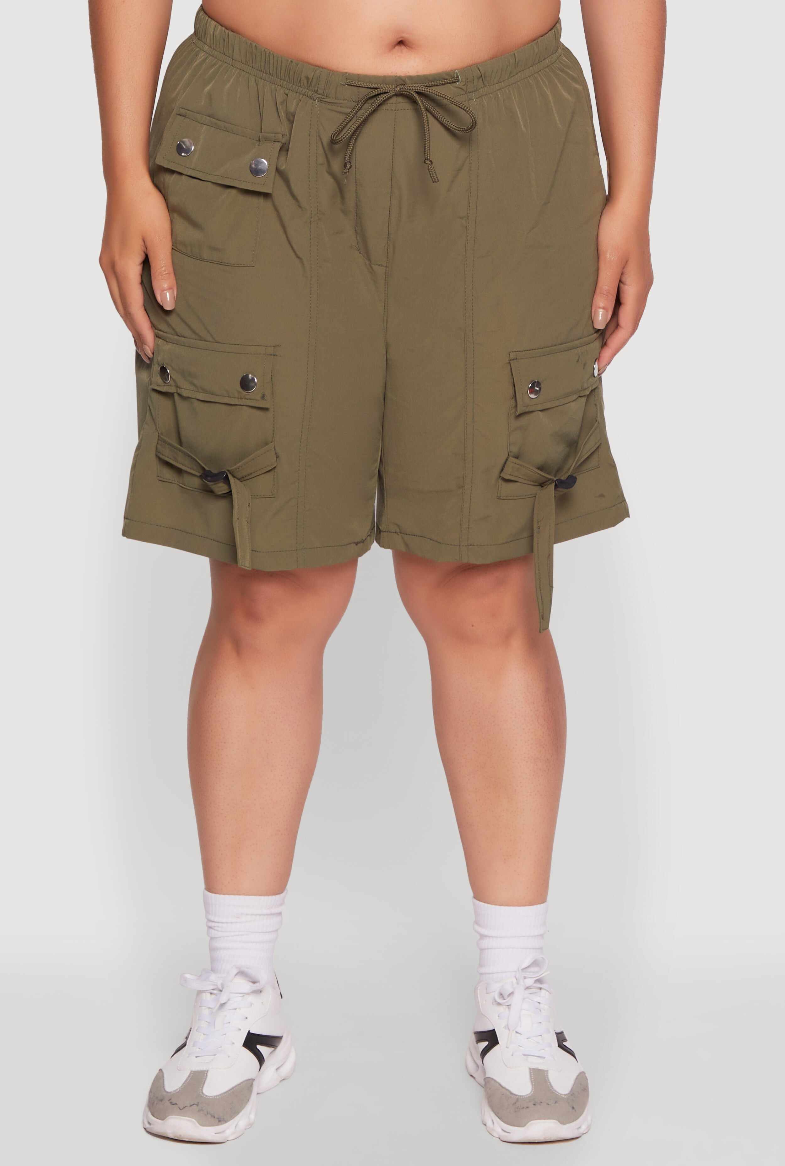 Plus Size High Waisted Nylon Cargo Shorts with Drawstring