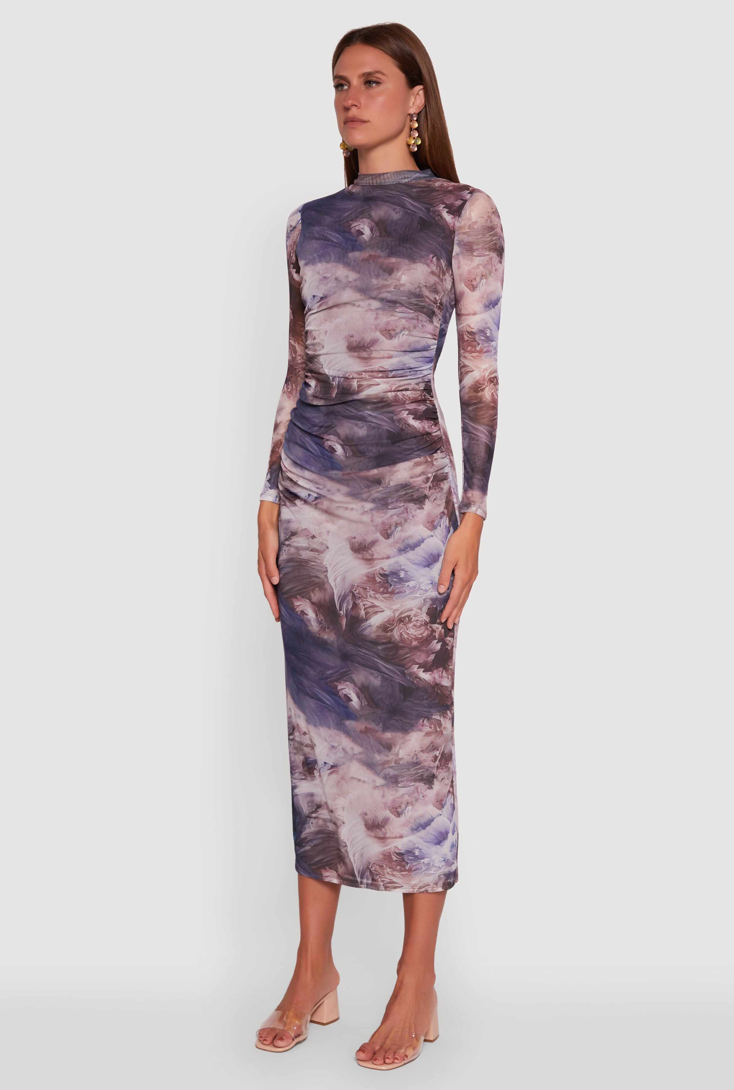 Printed Patterned Long Sleeve Side Ruched Mesh Midi Dress